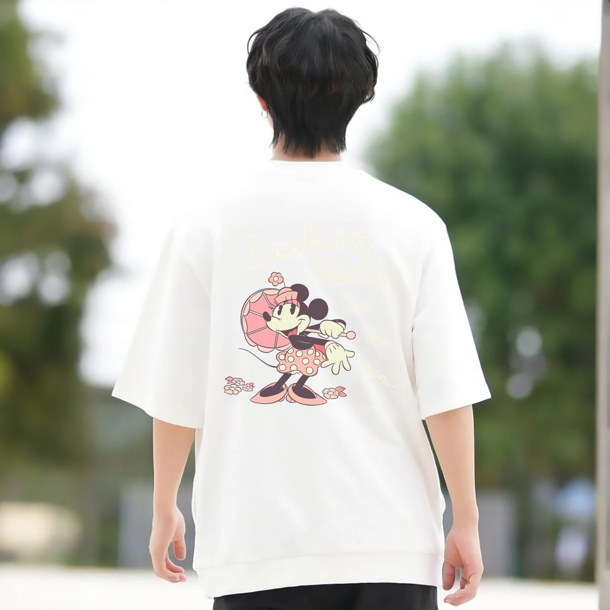 ミッキーマウス Mickey Mouse 綿100％ メンズ半袖Tシャツ（バックプリント） 通気性