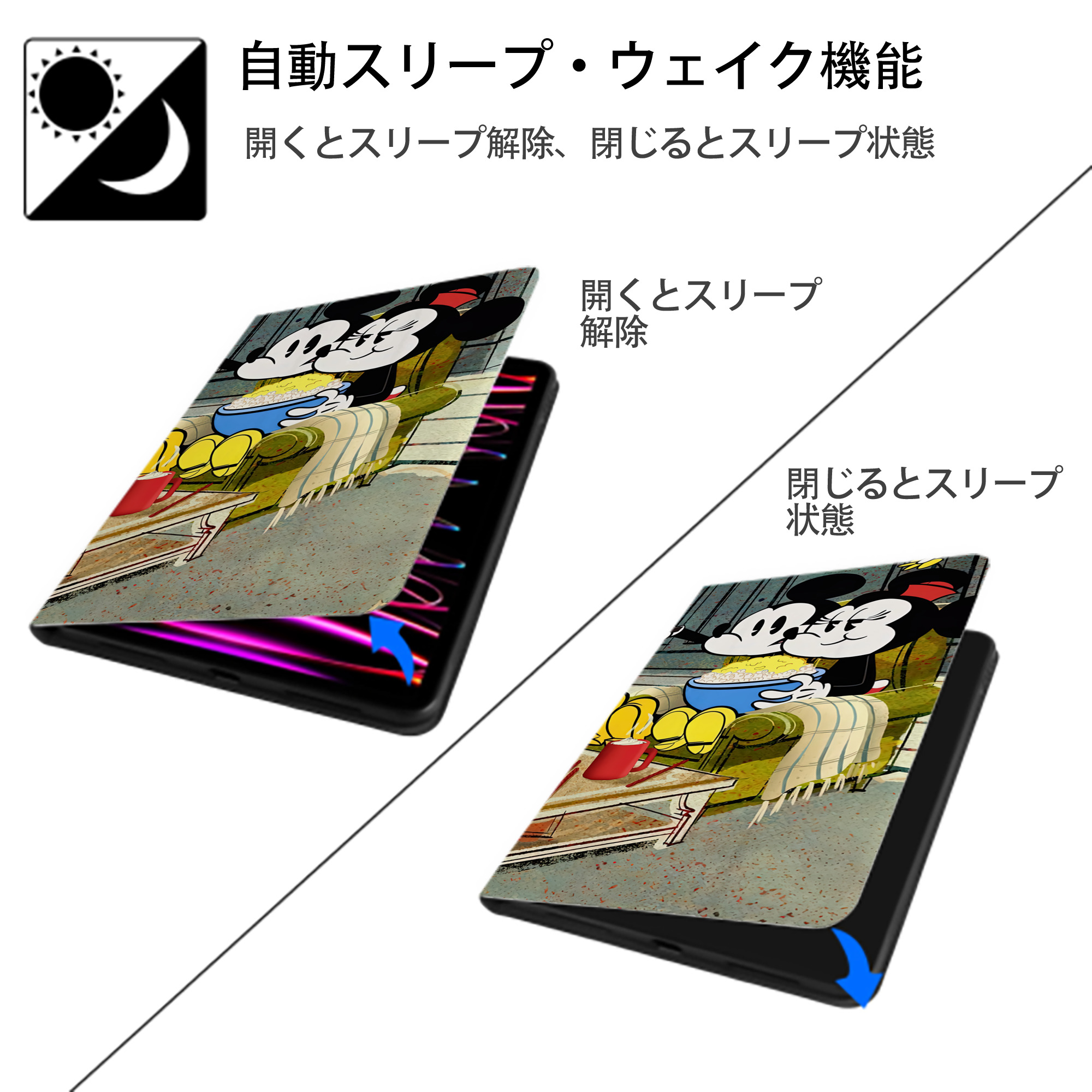 ミッキーマウス Mickey Mouse IPad ケース ブック型 PUレザー TPU 耐衝撃 軽量 薄型 ペン収納なし 全面保護 IPad 各モデル対応