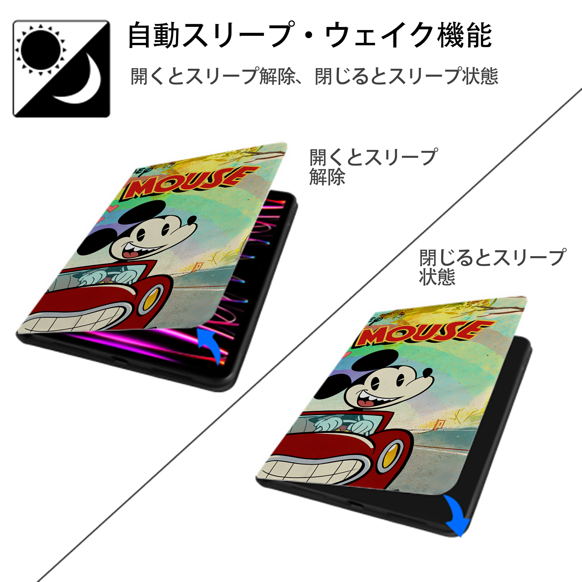 ミッキーマウス Mickey Mouse IPad ケース ブック型 PUレザー TPU 耐衝撃 軽量 薄型 ペン収納なし 全面保護 IPad 各モデル対応