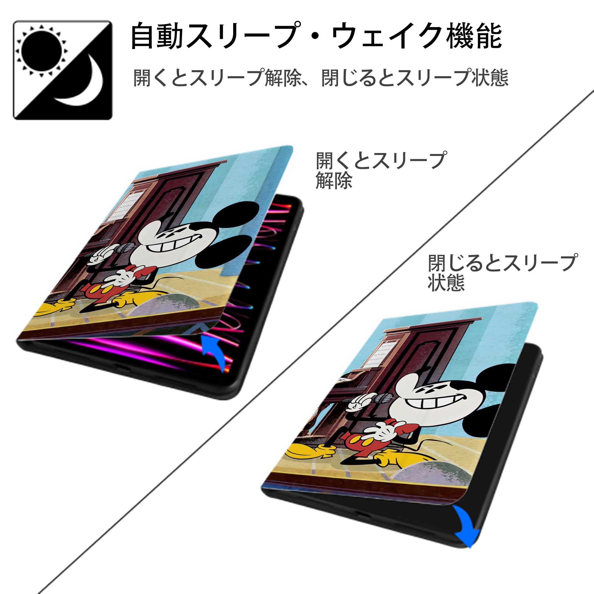 ミッキーマウス Mickey Mouse IPad ケース ブック型 PUレザー TPU 耐衝撃 軽量 薄型 ペン収納なし 全面保護 IPad 各モデル対応