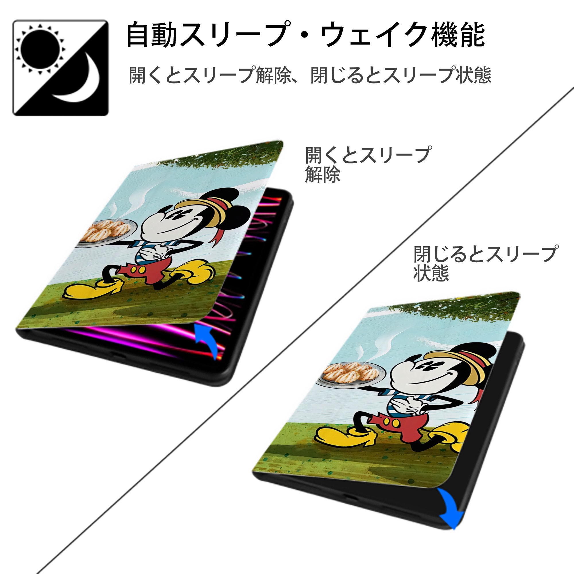 ミッキーマウス Mickey Mouse IPad ケース ブック型 PUレザー TPU 耐衝撃 軽量 薄型 ペン収納なし 全面保護 IPad 各モデル対応