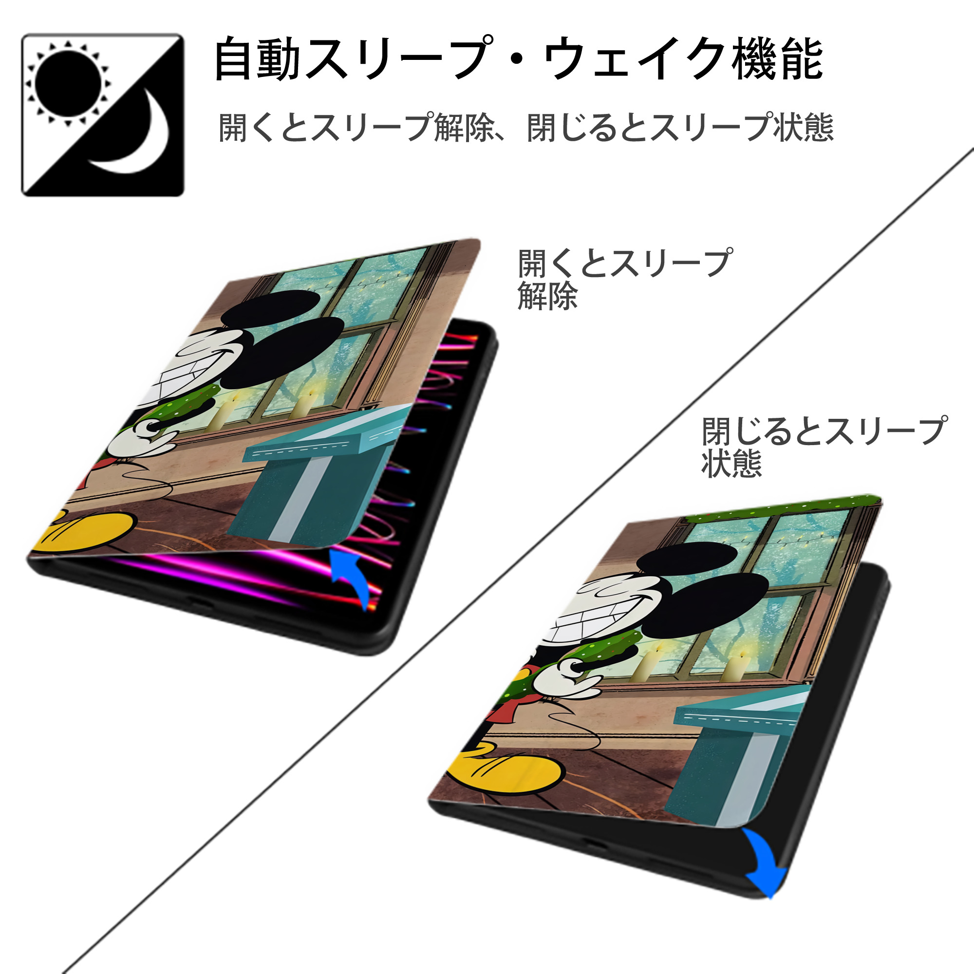 ミッキーマウス Mickey Mouse IPad ケース ブック型 PUレザー TPU 耐衝撃 軽量 薄型 ペン収納なし 全面保護 IPad 各モデル対応