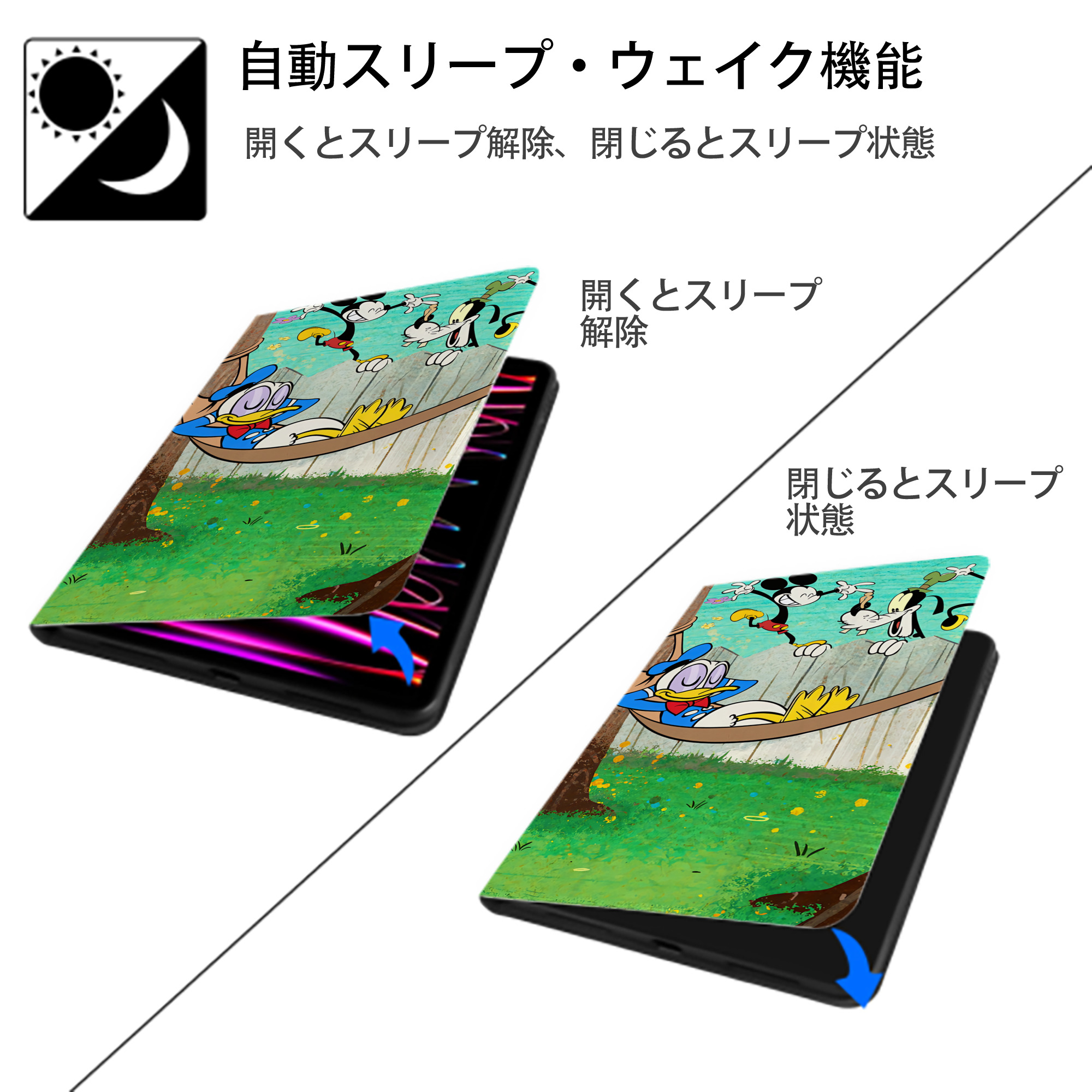ミッキーマウス Mickey Mouse IPad ケース ブック型 PUレザー TPU 耐衝撃 軽量 薄型 ペン収納なし 全面保護 IPad 各モデル対応