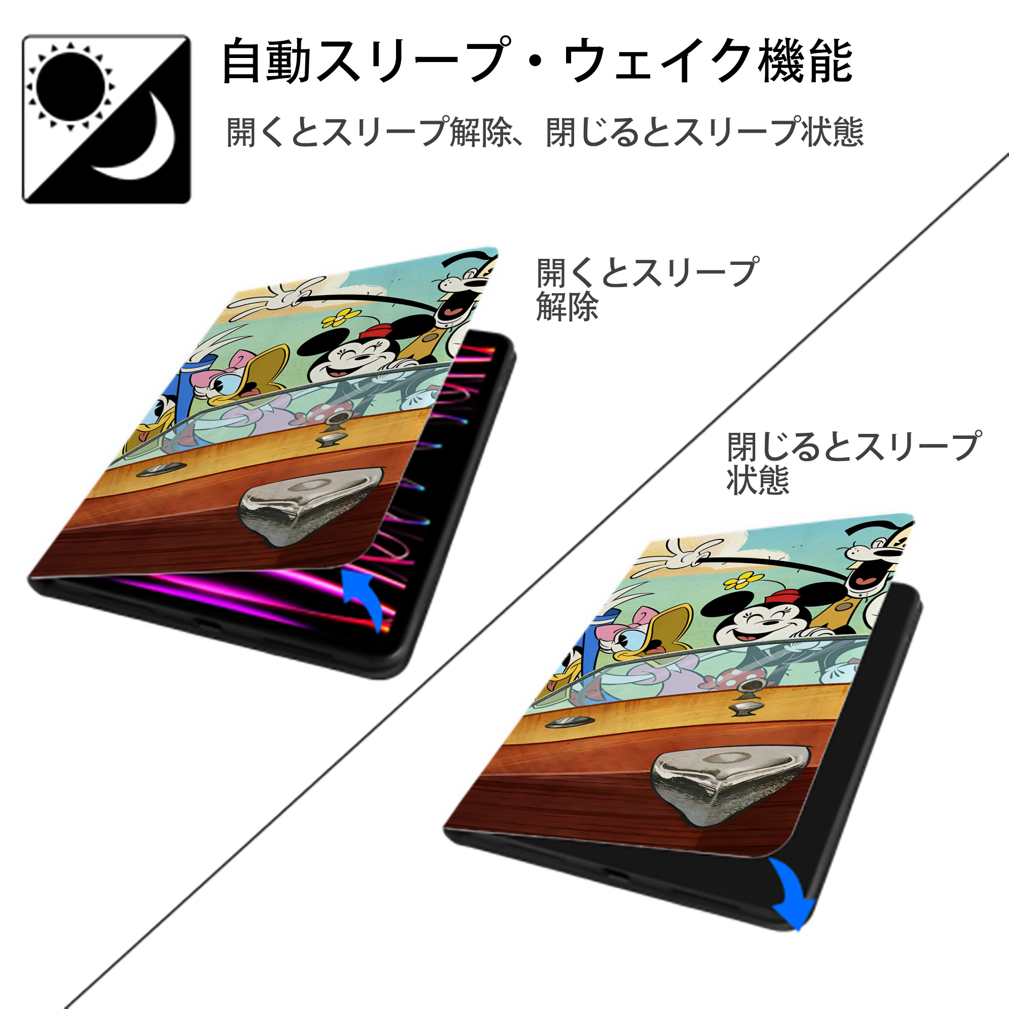 ミッキーマウス Mickey Mouse IPad ケース ブック型 PUレザー TPU 耐衝撃 軽量 薄型 ペン収納なし 全面保護 IPad 各モデル対応