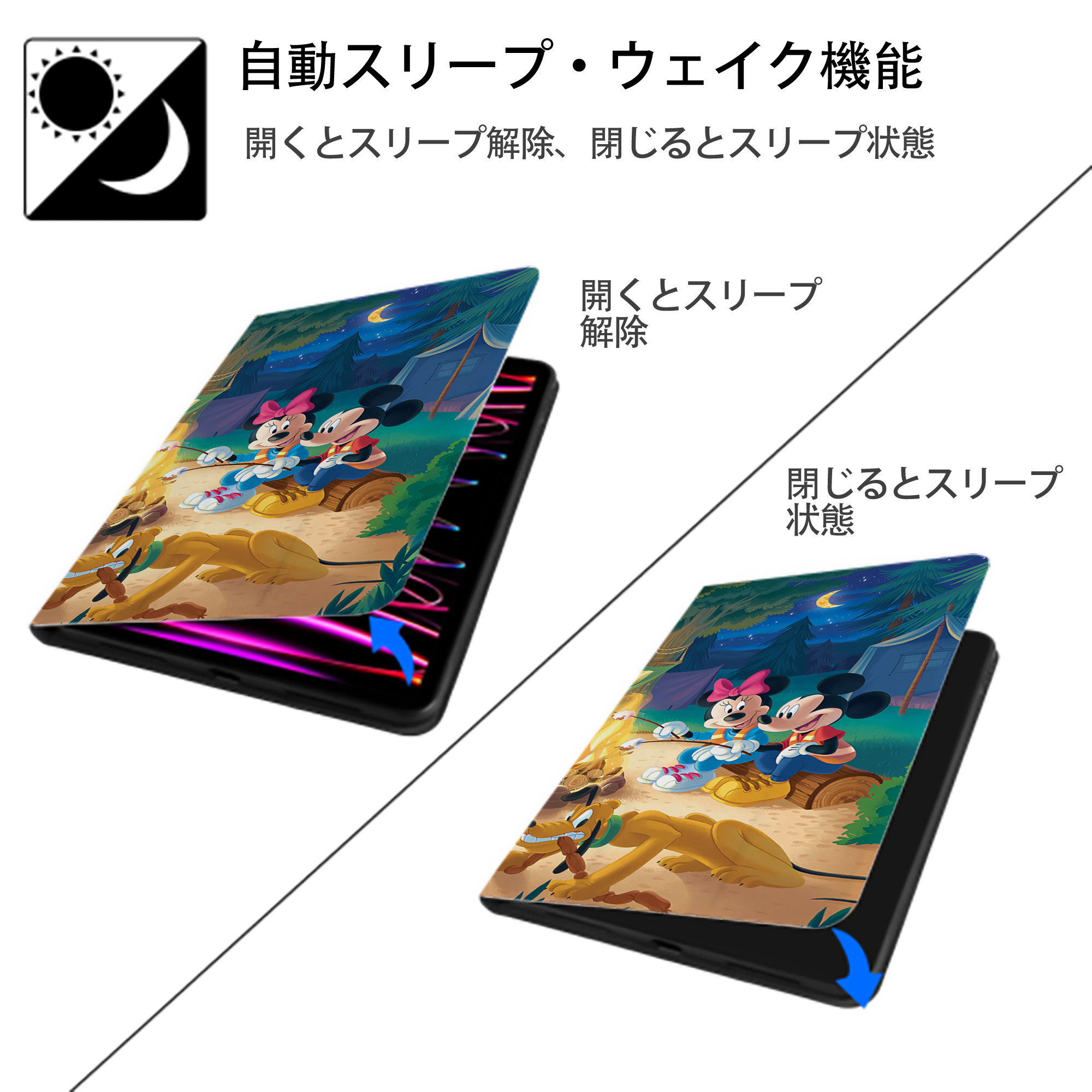 ミッキーマウス Mickey Mouse IPad ケース ブック型 PUレザー TPU 耐衝撃 軽量 薄型 ペン収納なし 全面保護 IPad 各モデル対応