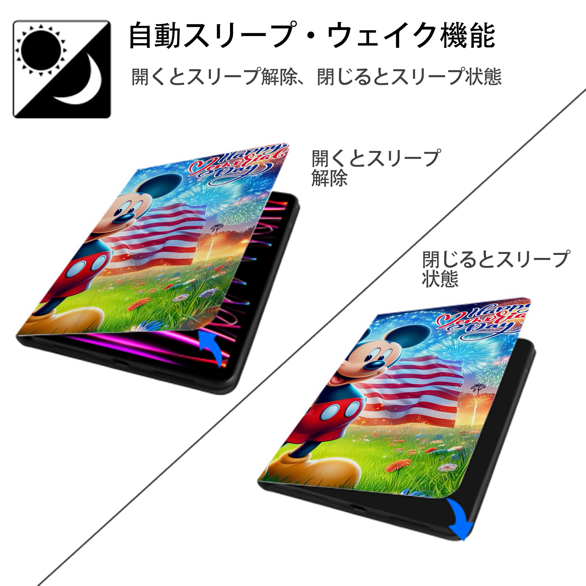 ミッキーマウス Mickey Mouse IPad ケース ブック型 PUレザー TPU 耐衝撃 軽量 薄型 ペン収納なし 全面保護 IPad 各モデル対応