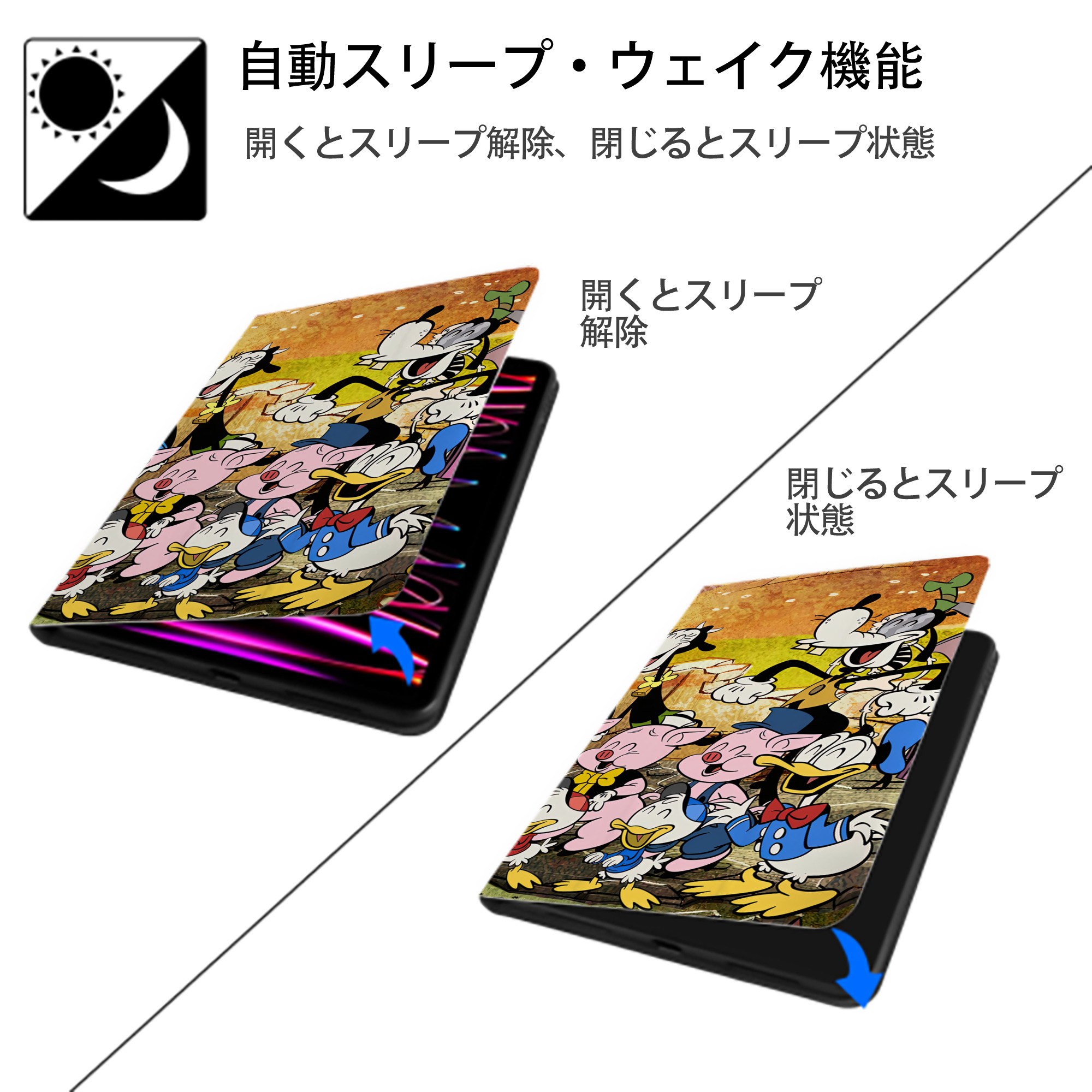 ミッキーマウス Mickey Mouse IPad ケース ブック型 PUレザー TPU 耐衝撃 軽量 薄型 ペン収納なし 全面保護 IPad 各モデル対応