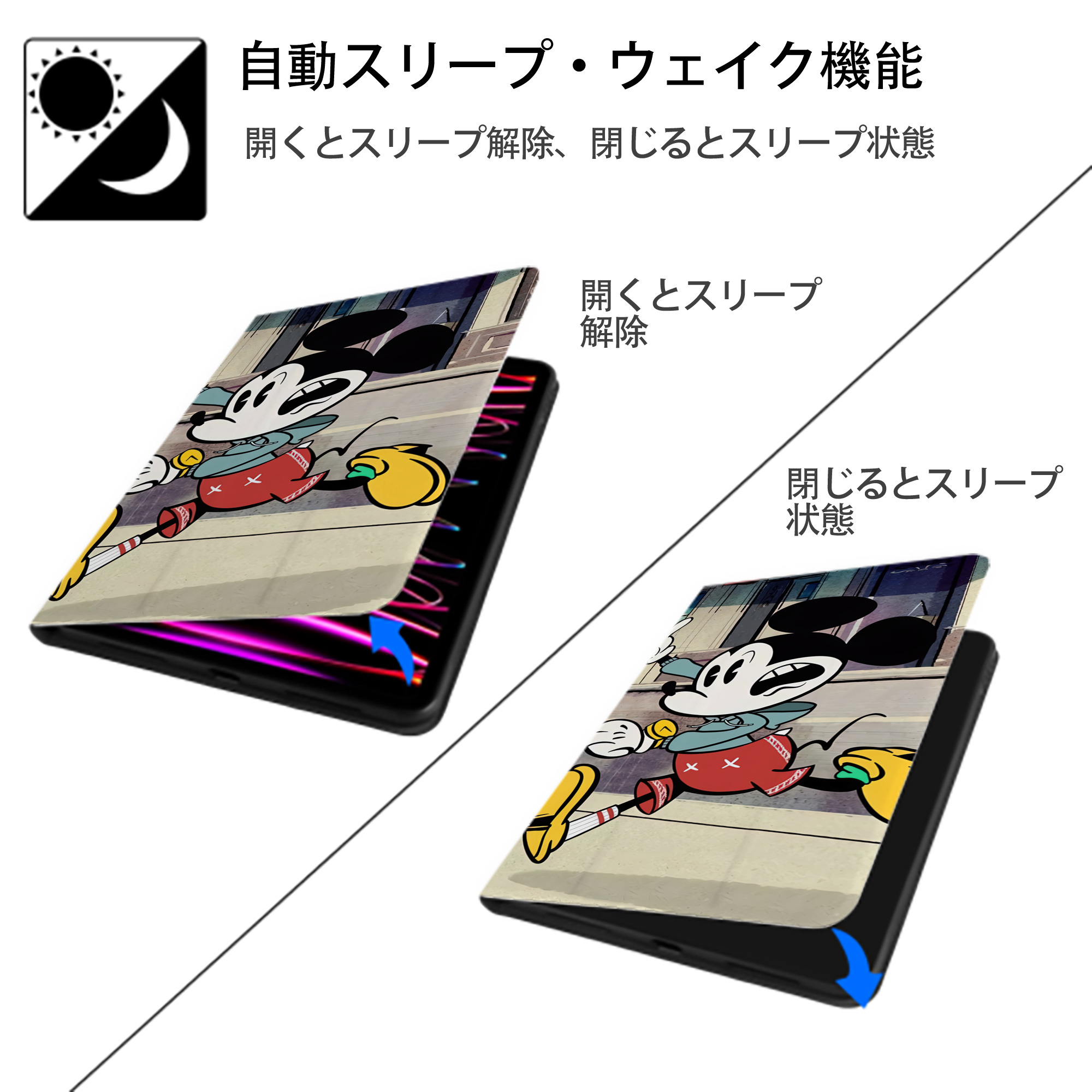 ミッキーマウス Mickey Mouse IPad ケース ブック型 PUレザー TPU 耐衝撃 軽量 薄型 ペン収納なし 全面保護 IPad 各モデル対応