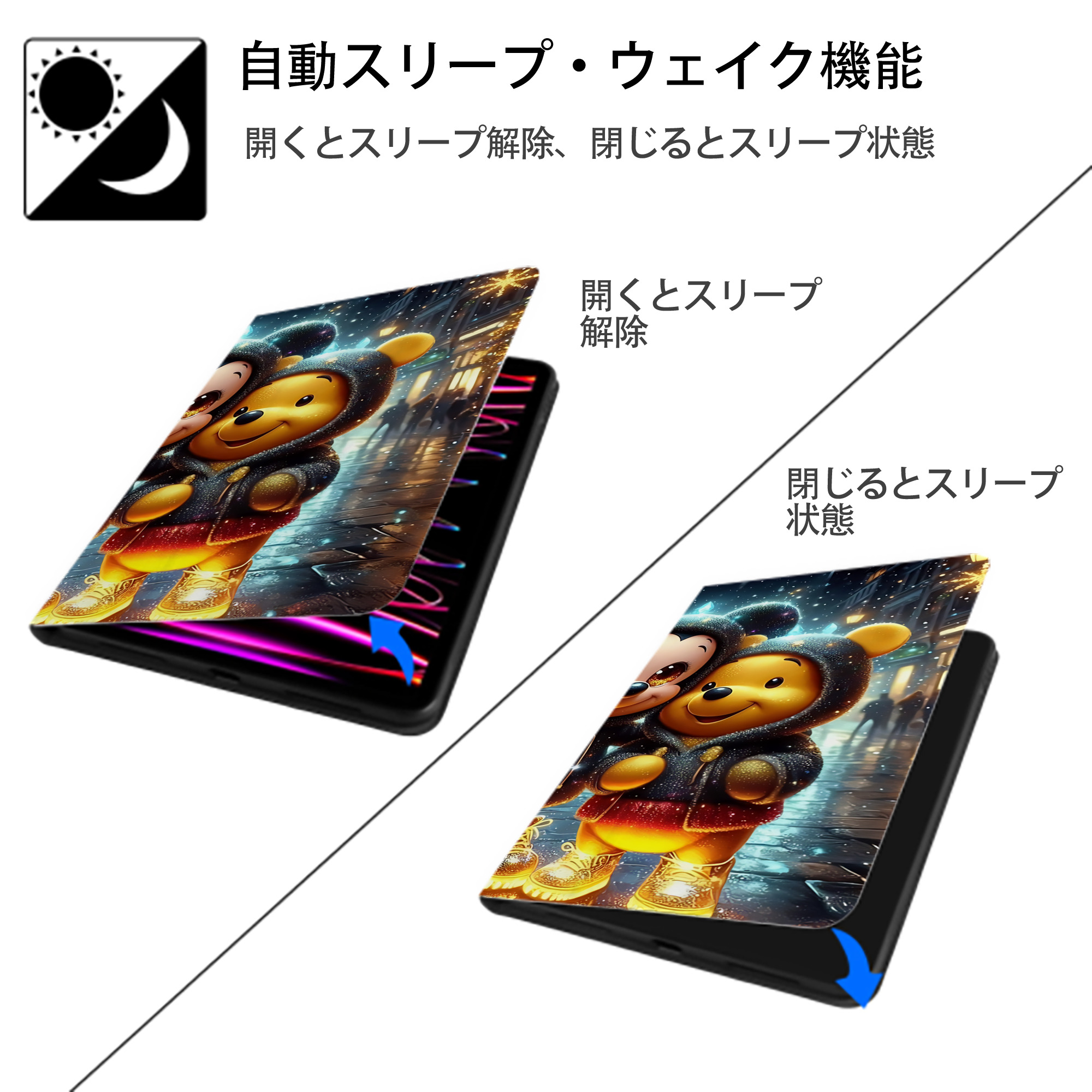 ミッキーマウス Mickey Mouse IPad ケース ブック型 PUレザー TPU 耐衝撃 軽量 薄型 ペン収納なし 全面保護 IPad 各モデル対応