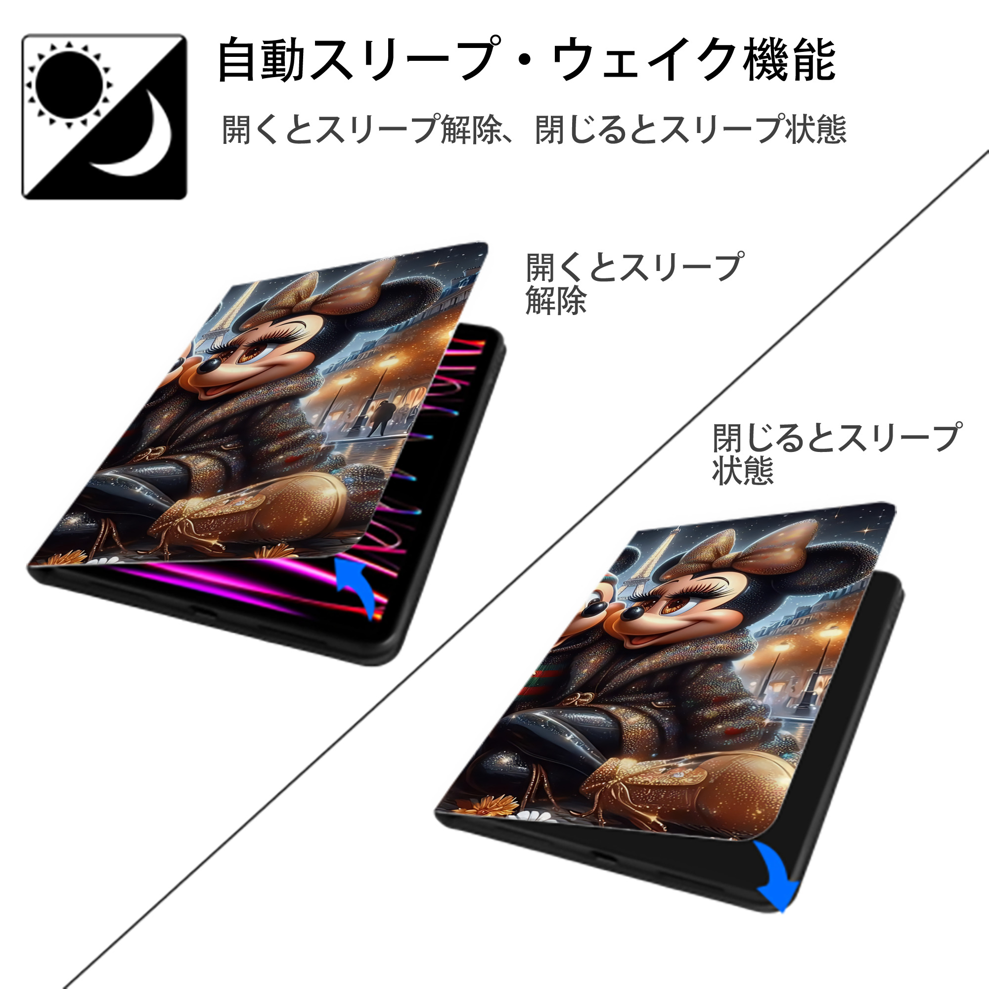 ミッキーマウス Mickey Mouse IPad ケース ブック型 PUレザー TPU 耐衝撃 軽量 薄型 ペン収納なし 全面保護 IPad 各モデル対応