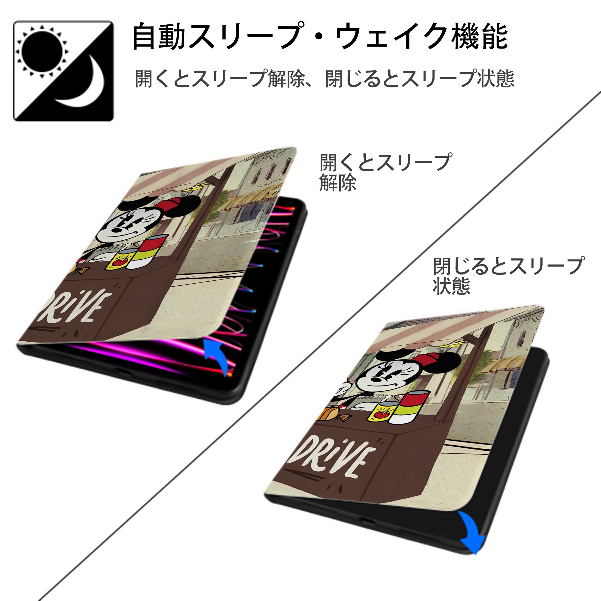 ミッキーマウス Mickey Mouse IPad ケース ブック型 PUレザー TPU 耐衝撃 軽量 薄型 ペン収納なし 全面保護 IPad 各モデル対応