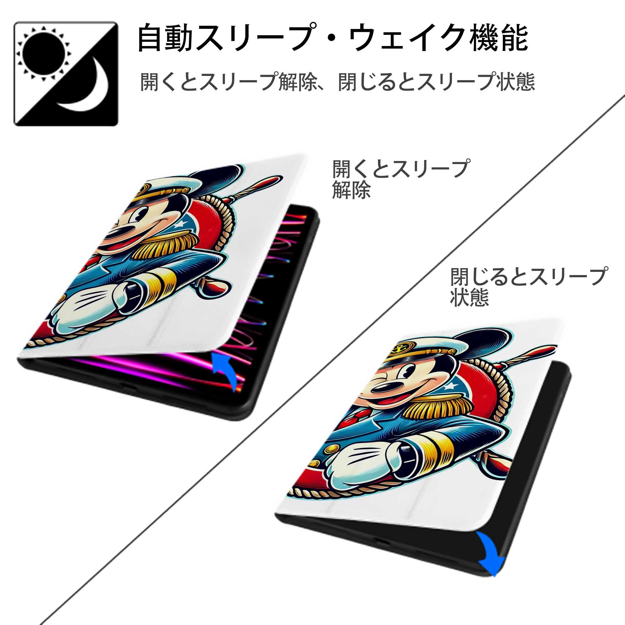 ミッキーマウス Mickey Mouse IPad ケース ブック型 PUレザー TPU 耐衝撃 軽量 薄型 ペン収納なし 全面保護 IPad 各モデル対応