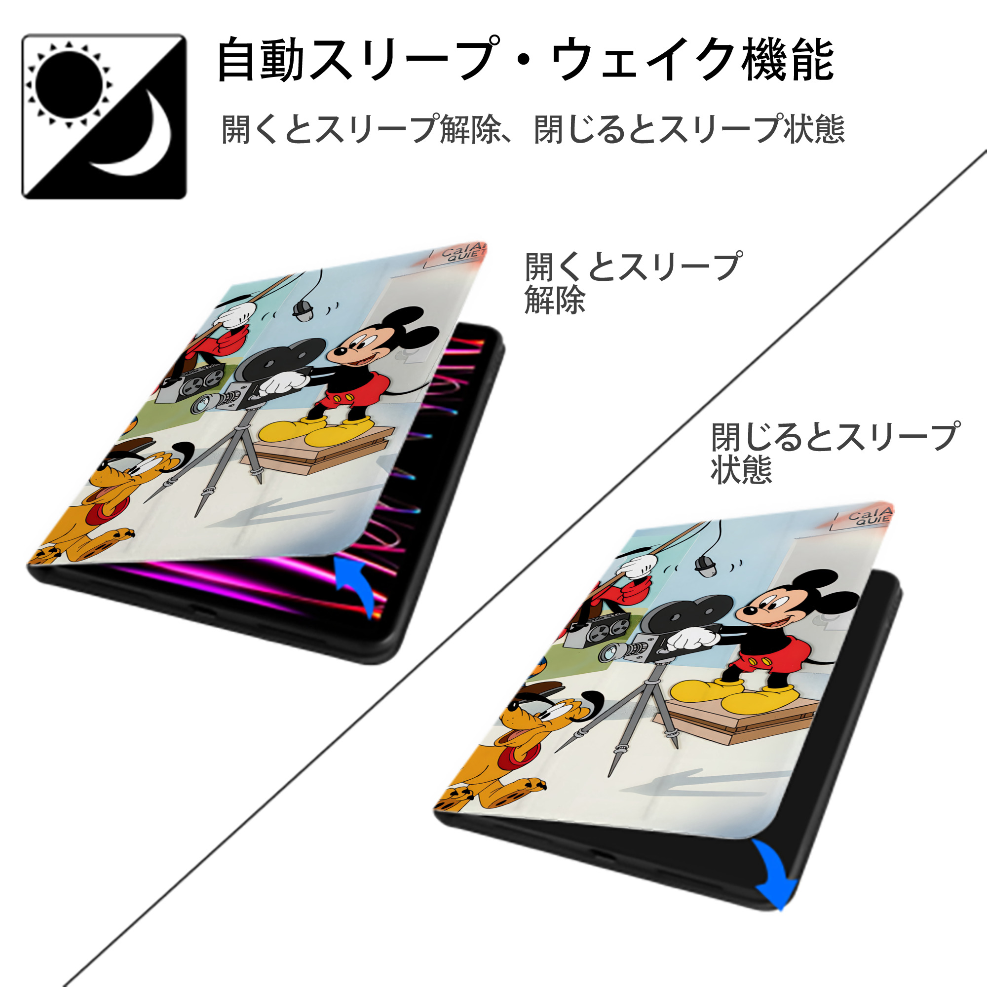 ミッキーマウス Mickey Mouse IPad ケース ブック型 PUレザー TPU 耐衝撃 軽量 薄型 ペン収納なし 全面保護 IPad 各モデル対応