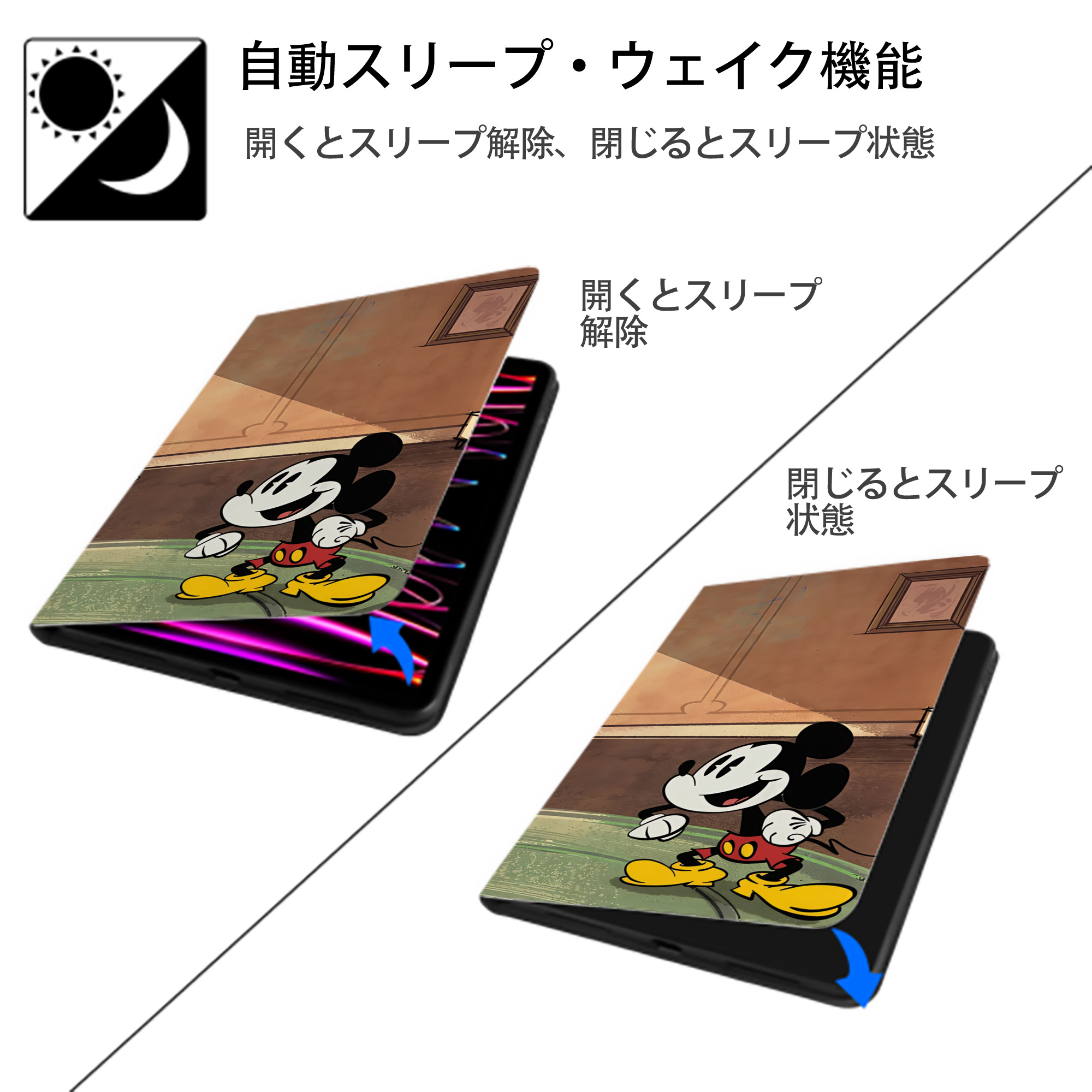 ミッキーマウス Mickey Mouse IPad ケース ブック型 PUレザー TPU 耐衝撃 軽量 薄型 ペン収納なし 全面保護 IPad 各モデル対応