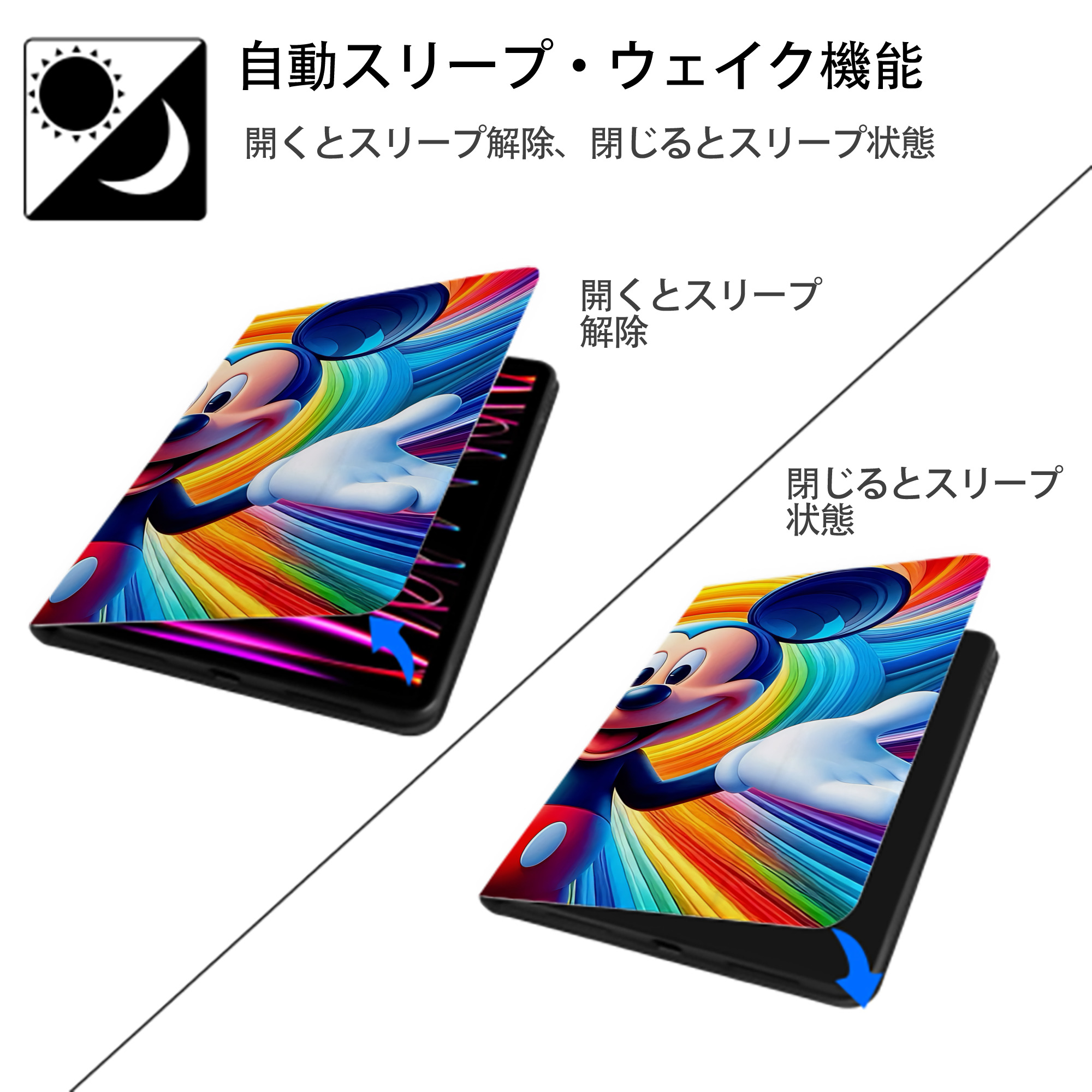 ミッキーマウス Mickey Mouse IPad ケース ブック型 PUレザー TPU 耐衝撃 軽量 薄型 ペン収納なし 全面保護 IPad 各モデル対応