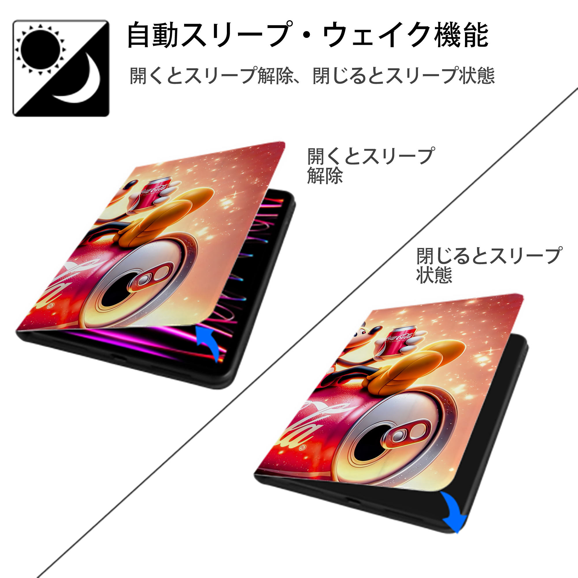 ミッキーマウス Mickey Mouse IPad ケース ブック型 PUレザー TPU 耐衝撃 軽量 薄型 ペン収納なし 全面保護 IPad 各モデル対応