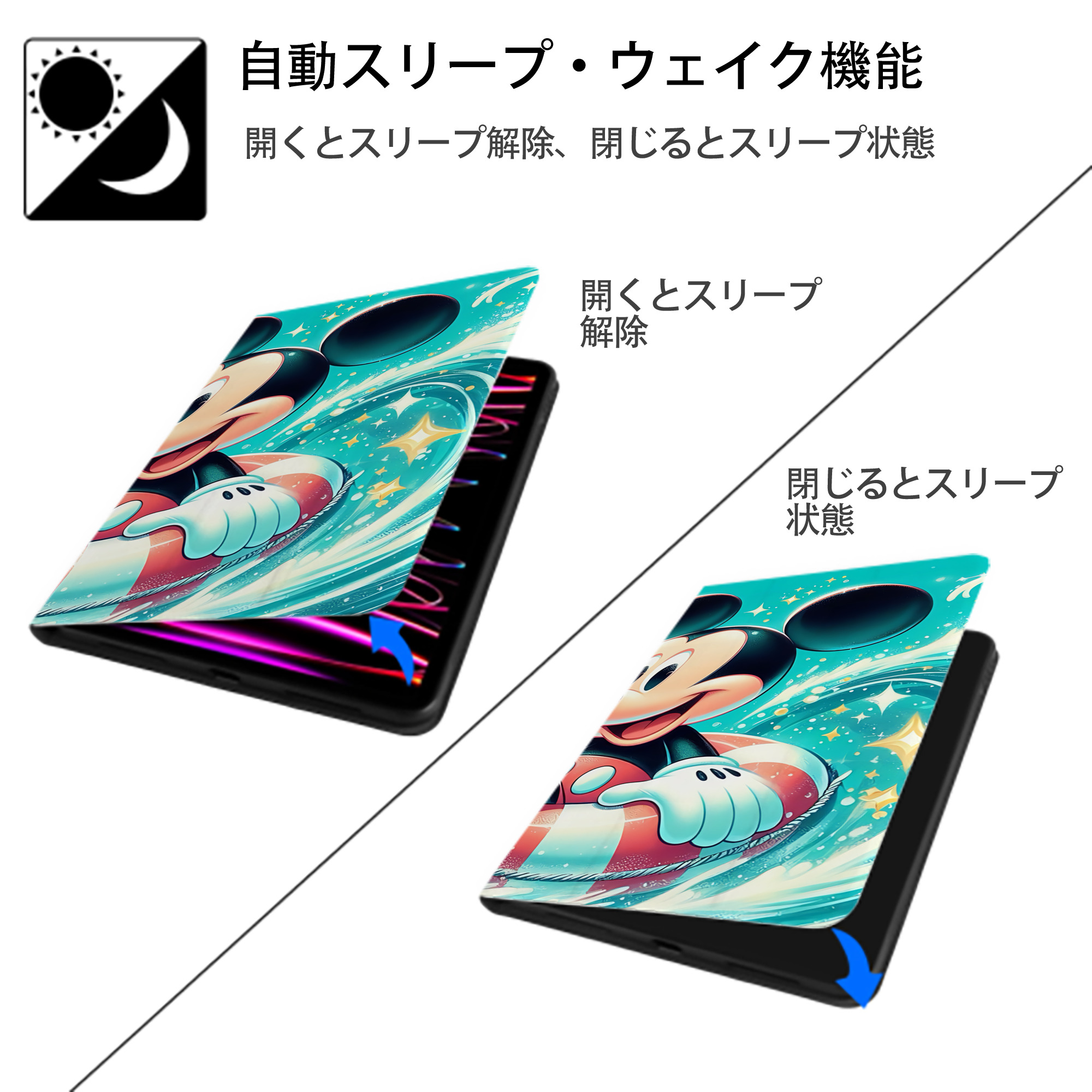 ミッキーマウス Mickey Mouse IPad ケース ブック型 PUレザー TPU 耐衝撃 軽量 薄型 ペン収納なし 全面保護 IPad 各モデル対応