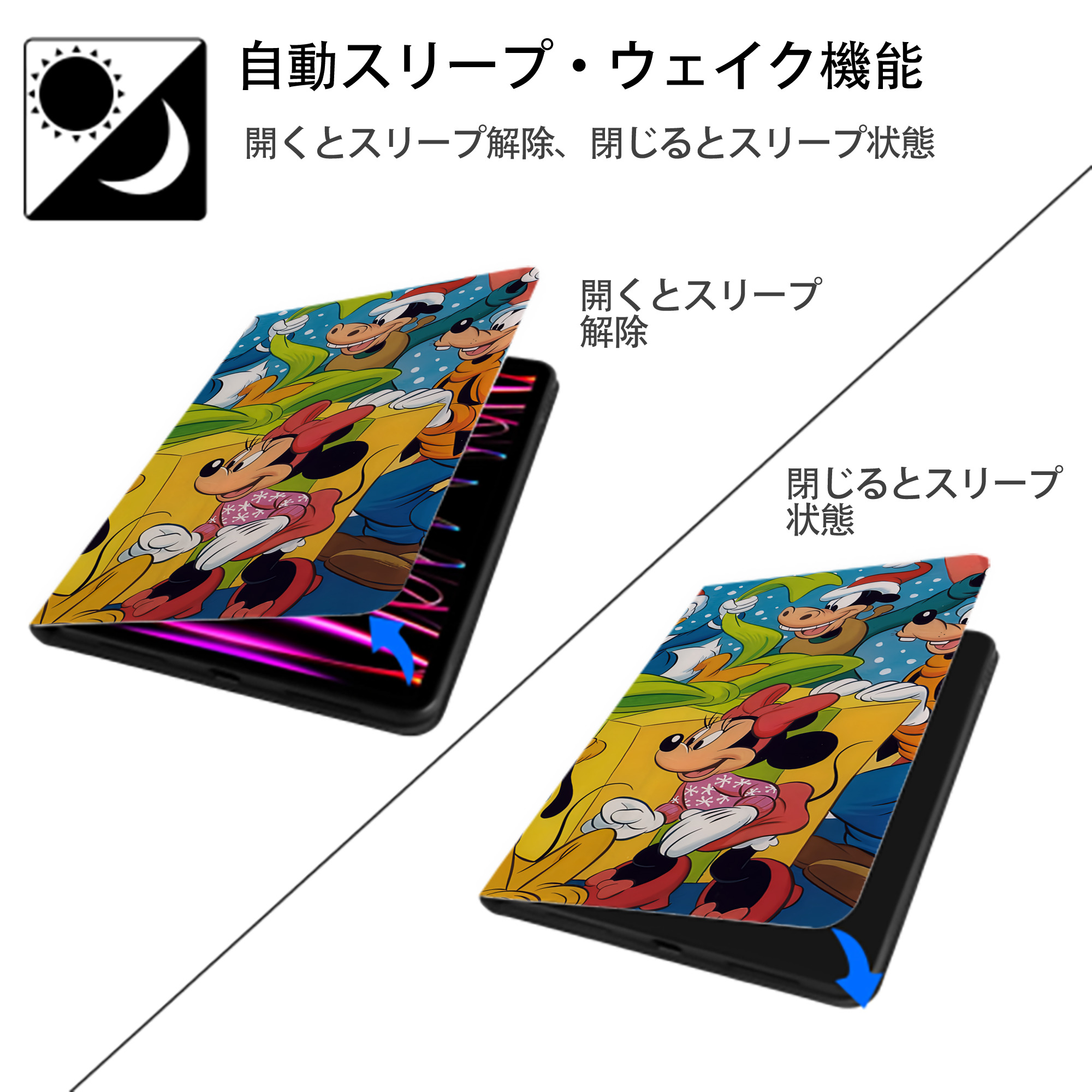 ミッキーマウス Mickey Mouse IPad ケース ブック型 PUレザー TPU 耐衝撃 軽量 薄型 ペン収納なし 全面保護 IPad 各モデル対応