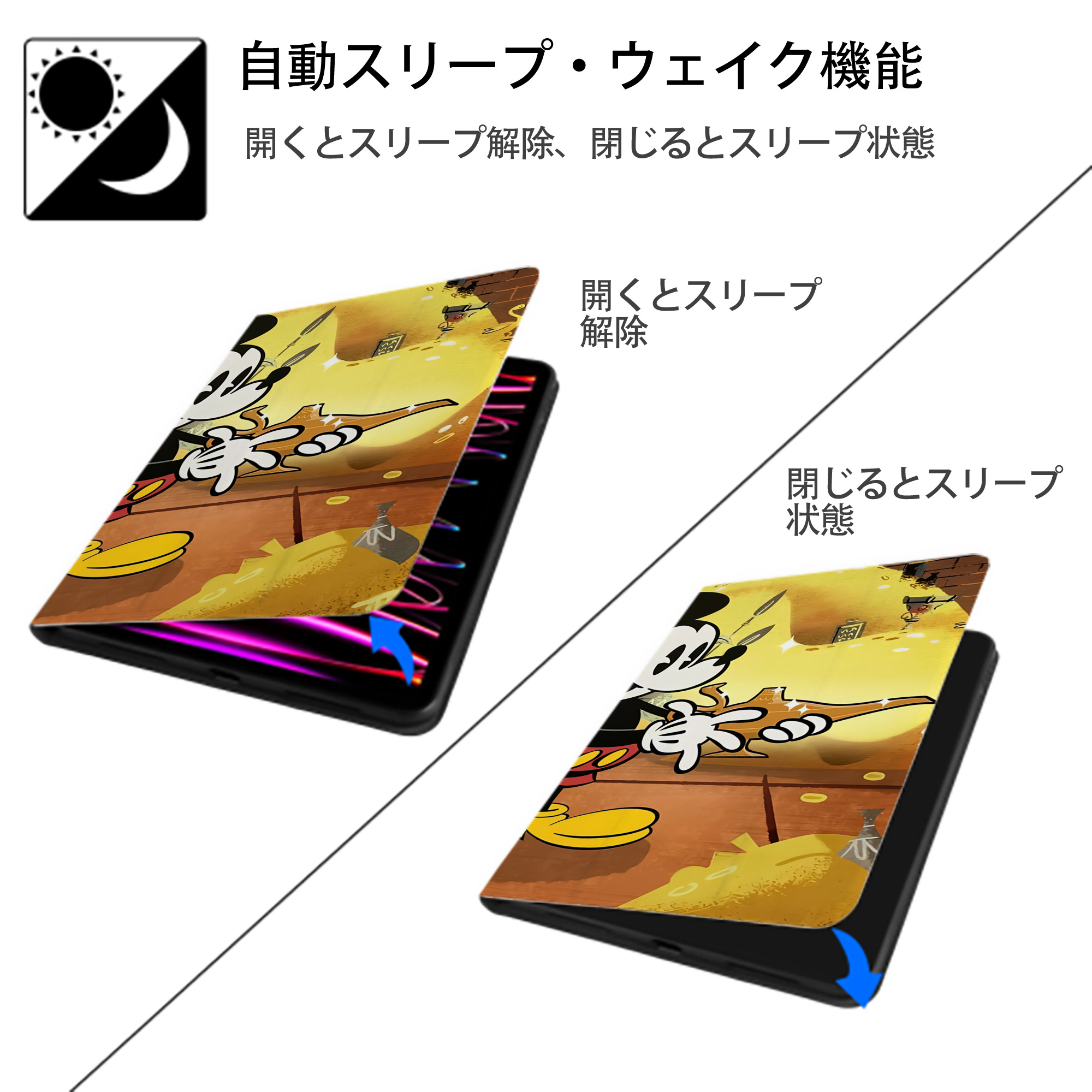 ミッキーマウス Mickey Mouse IPad ケース ブック型 PUレザー TPU 耐衝撃 軽量 薄型 ペン収納なし 全面保護 IPad 各モデル対応
