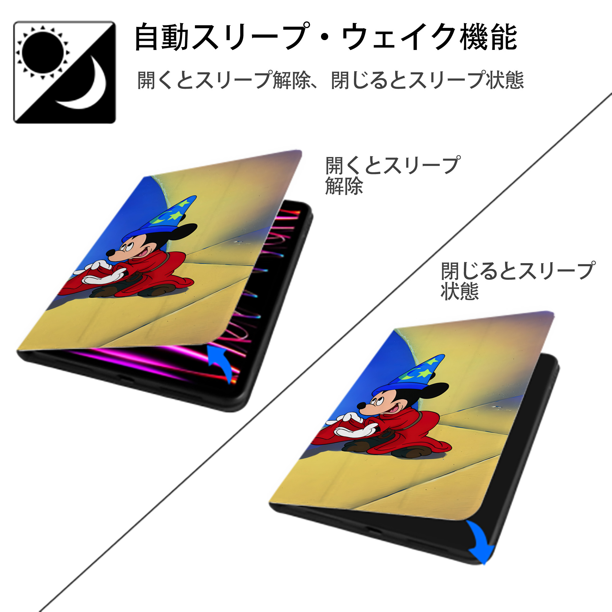 ミッキーマウス Mickey Mouse IPad ケース ブック型 PUレザー TPU 耐衝撃 軽量 薄型 ペン収納なし 全面保護 IPad 各モデル対応