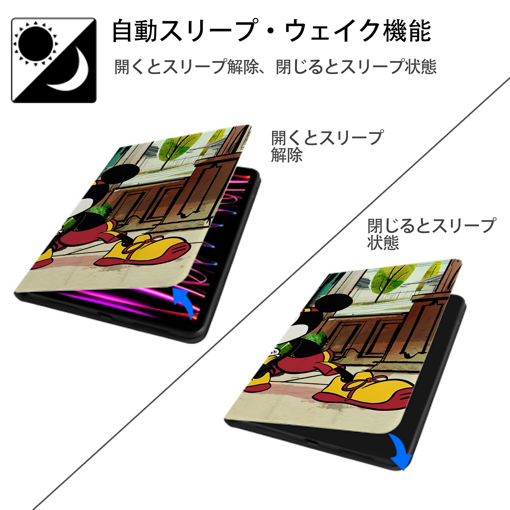 ミッキーマウス Mickey Mouse IPad ケース ブック型 PUレザー TPU 耐衝撃 軽量 薄型 ペン収納なし 全面保護 IPad 各モデル対応
