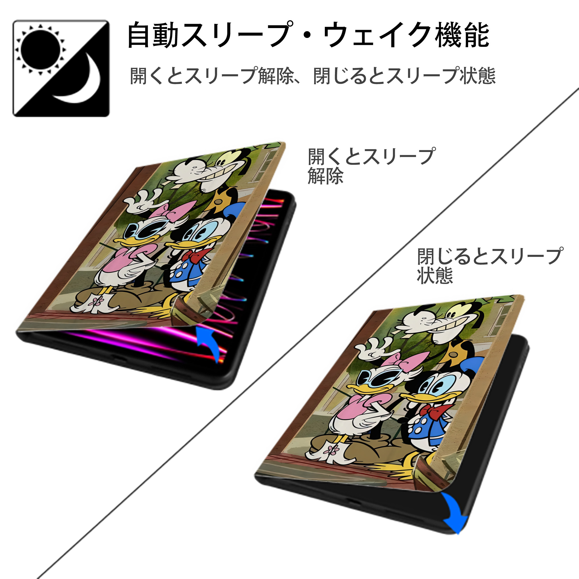 ミッキーマウス Mickey Mouse IPad ケース ブック型 PUレザー TPU 耐衝撃 軽量 薄型 ペン収納なし 全面保護 IPad 各モデル対応
