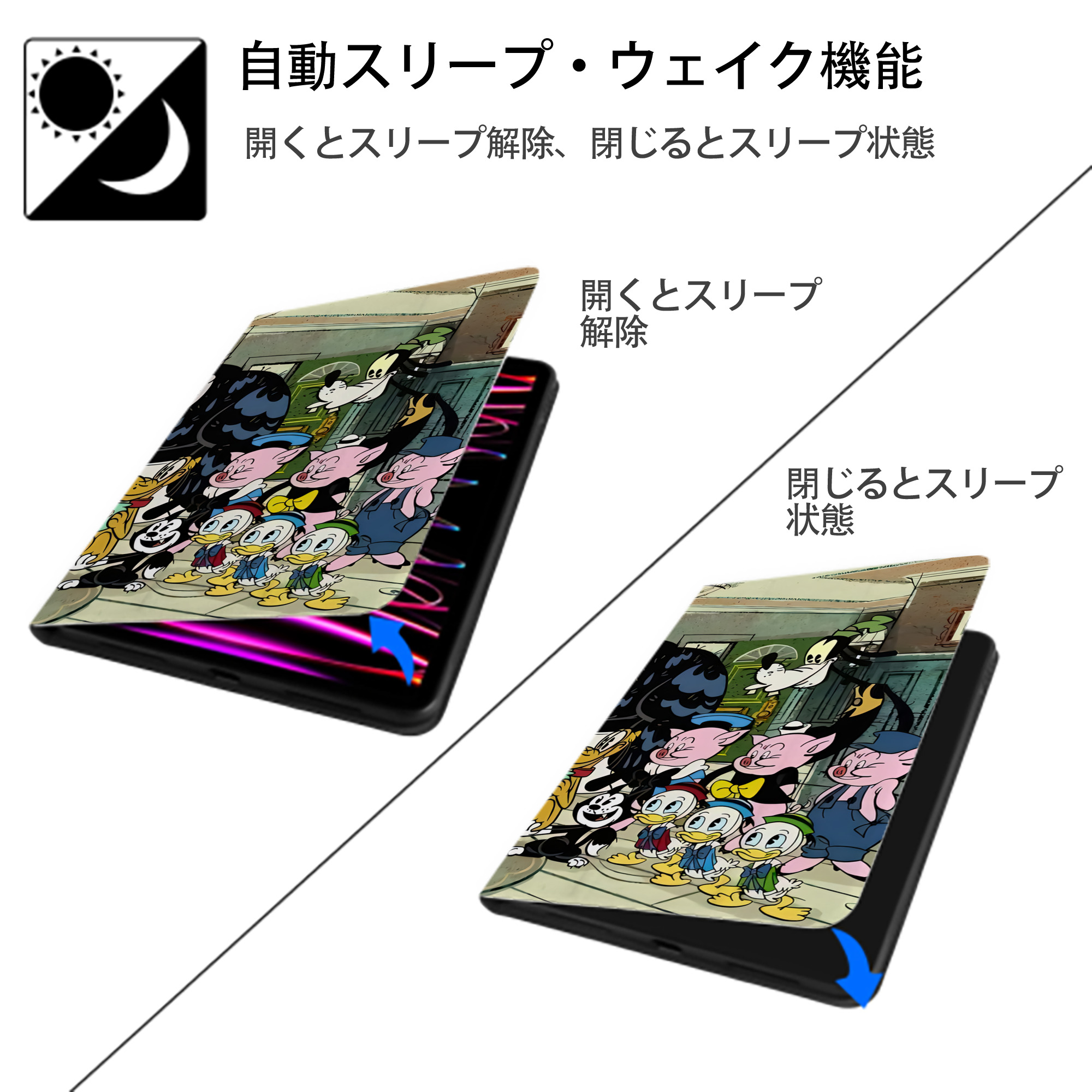 ミッキーマウス Mickey Mouse IPad ケース ブック型 PUレザー TPU 耐衝撃 軽量 薄型 ペン収納なし 全面保護 IPad 各モデル対応