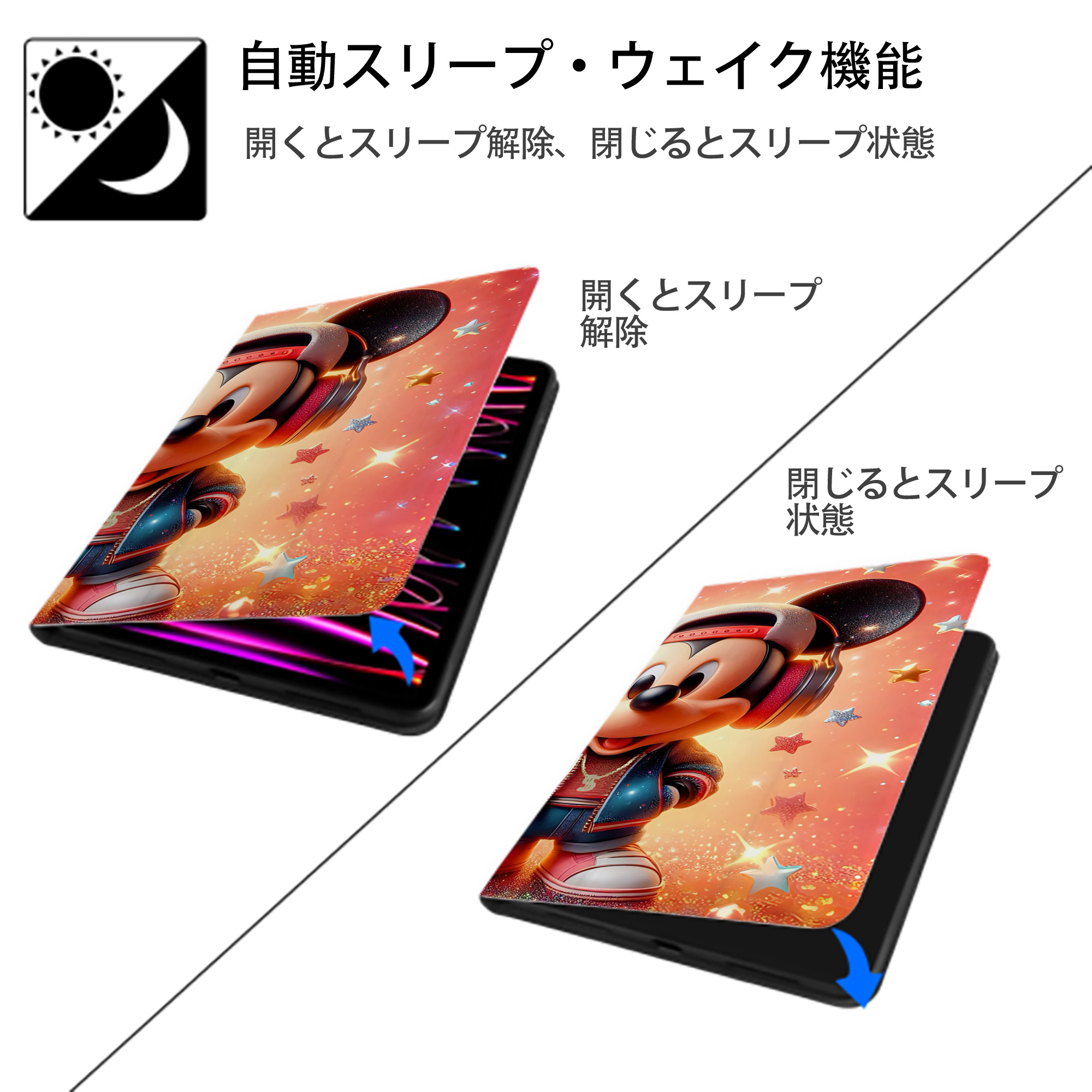 ミッキーマウス Mickey Mouse IPad ケース ブック型 PUレザー TPU 耐衝撃 軽量 薄型 ペン収納なし 全面保護 IPad 各モデル対応