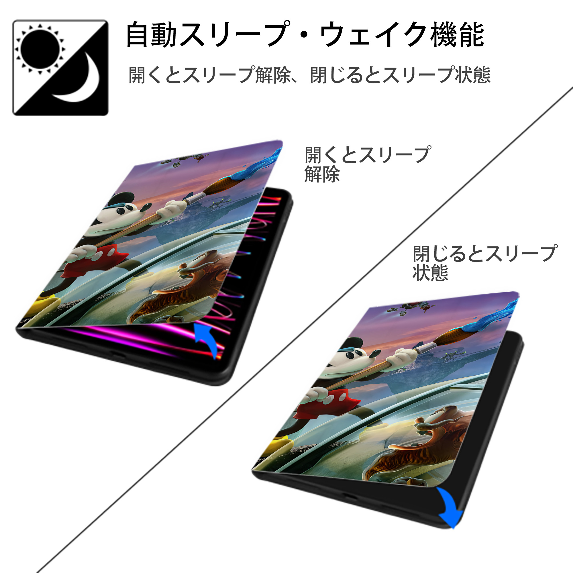 ミッキーマウス Mickey Mouse IPad ケース ブック型 PUレザー TPU 耐衝撃 軽量 薄型 ペン収納なし 全面保護 IPad 各モデル対応
