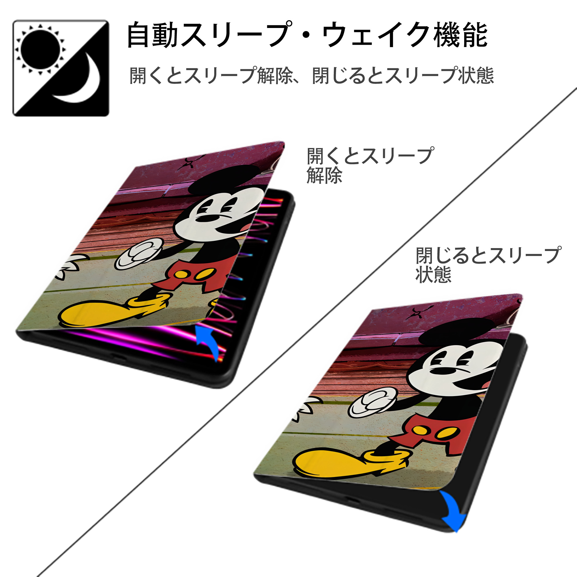 ミッキーマウス Mickey Mouse IPad ケース ブック型 PUレザー TPU 耐衝撃 軽量 薄型 ペン収納なし 全面保護 IPad 各モデル対応