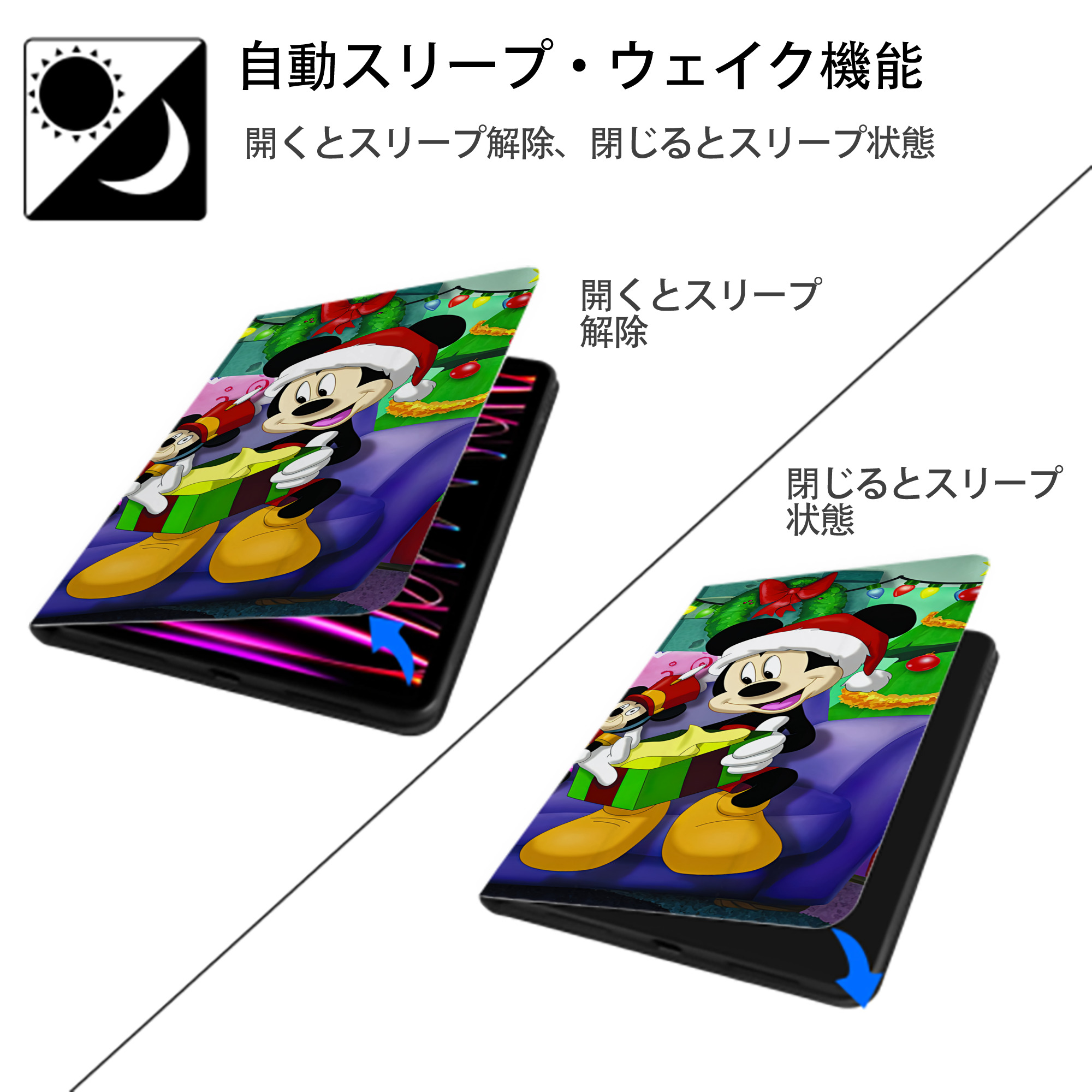 ミッキーマウス Mickey Mouse IPad ケース ブック型 PUレザー TPU 耐衝撃 軽量 薄型 ペン収納なし 全面保護 IPad 各モデル対応