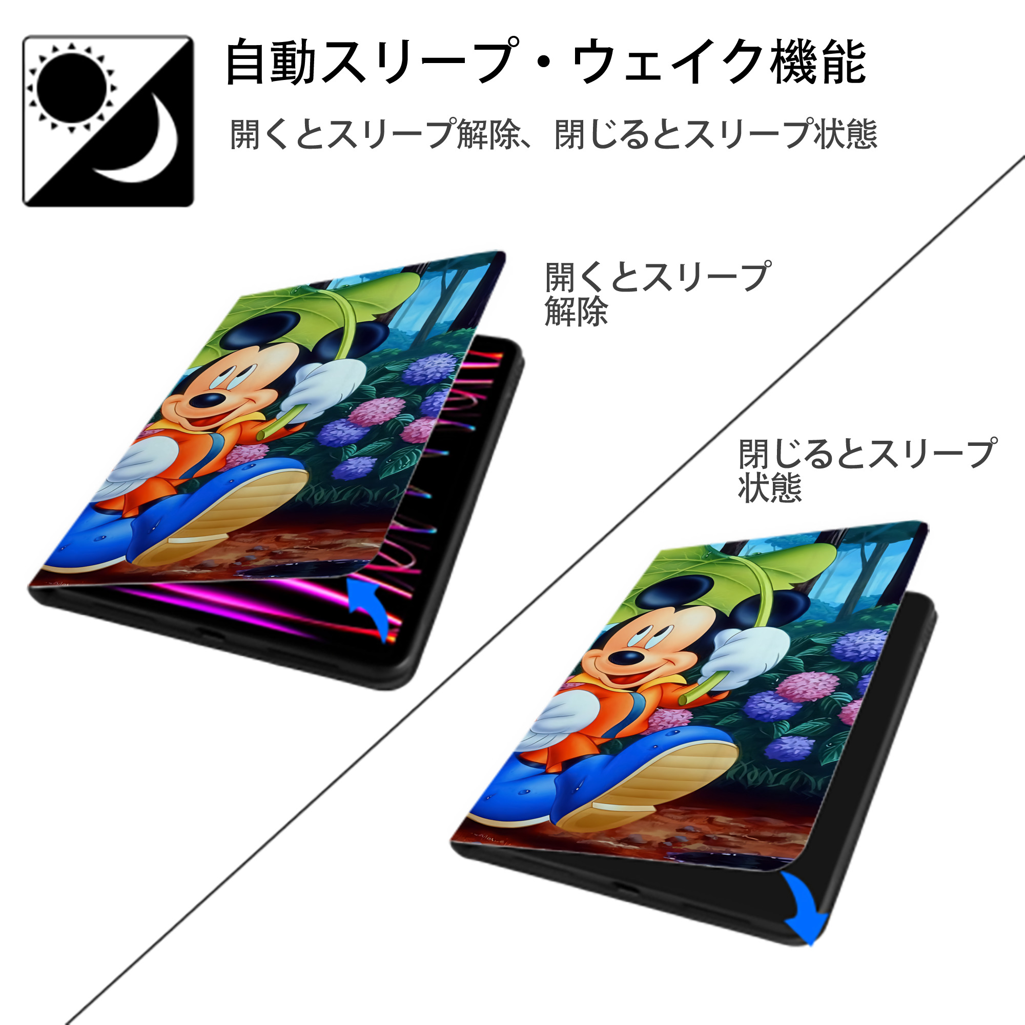 ミッキーマウス Mickey Mouse IPad ケース ブック型 PUレザー TPU 耐衝撃 軽量 薄型 ペン収納なし 全面保護 IPad 各モデル対応