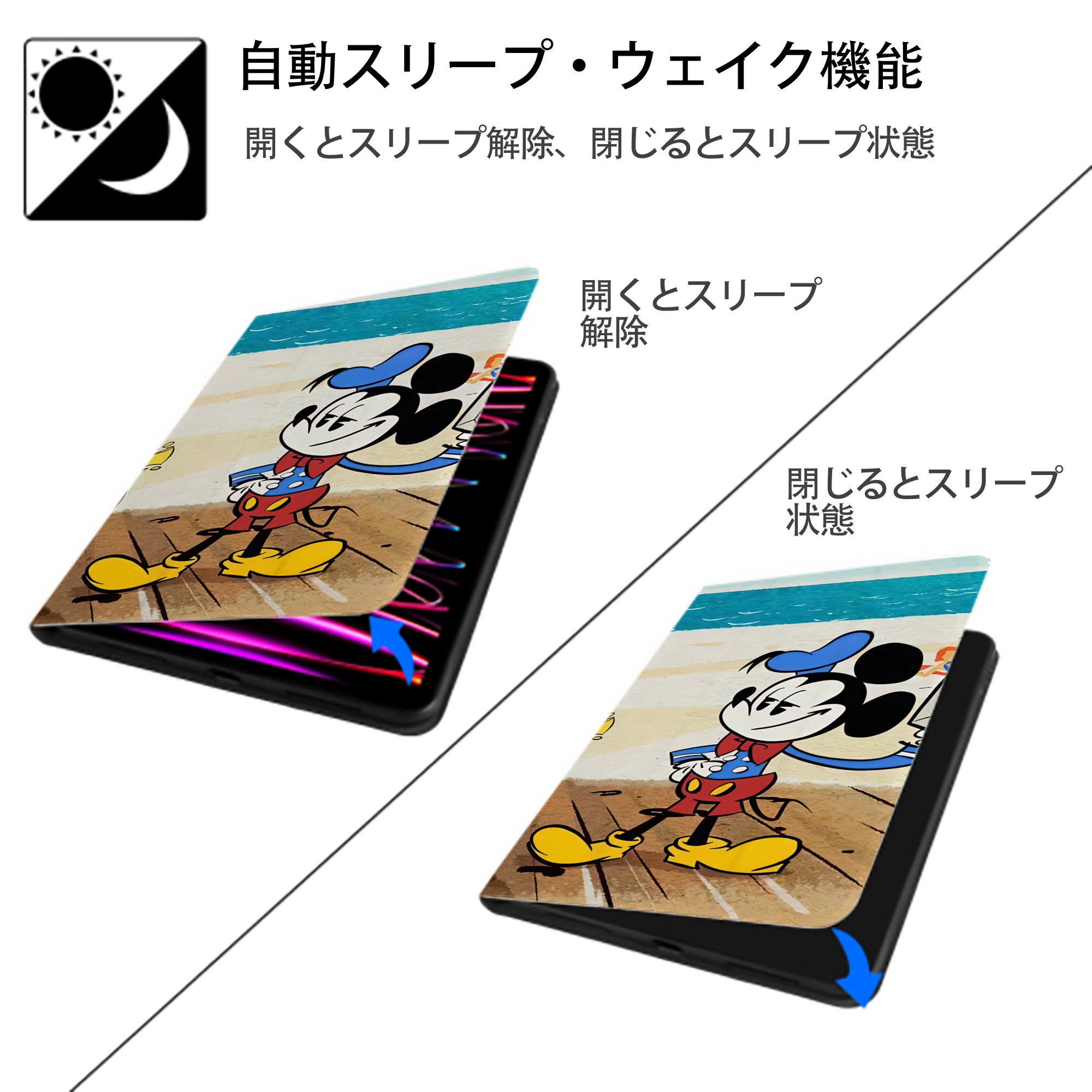 ミッキーマウス Mickey Mouse IPad ケース ブック型 PUレザー TPU 耐衝撃 軽量 薄型 ペン収納なし 全面保護 IPad 各モデル対応