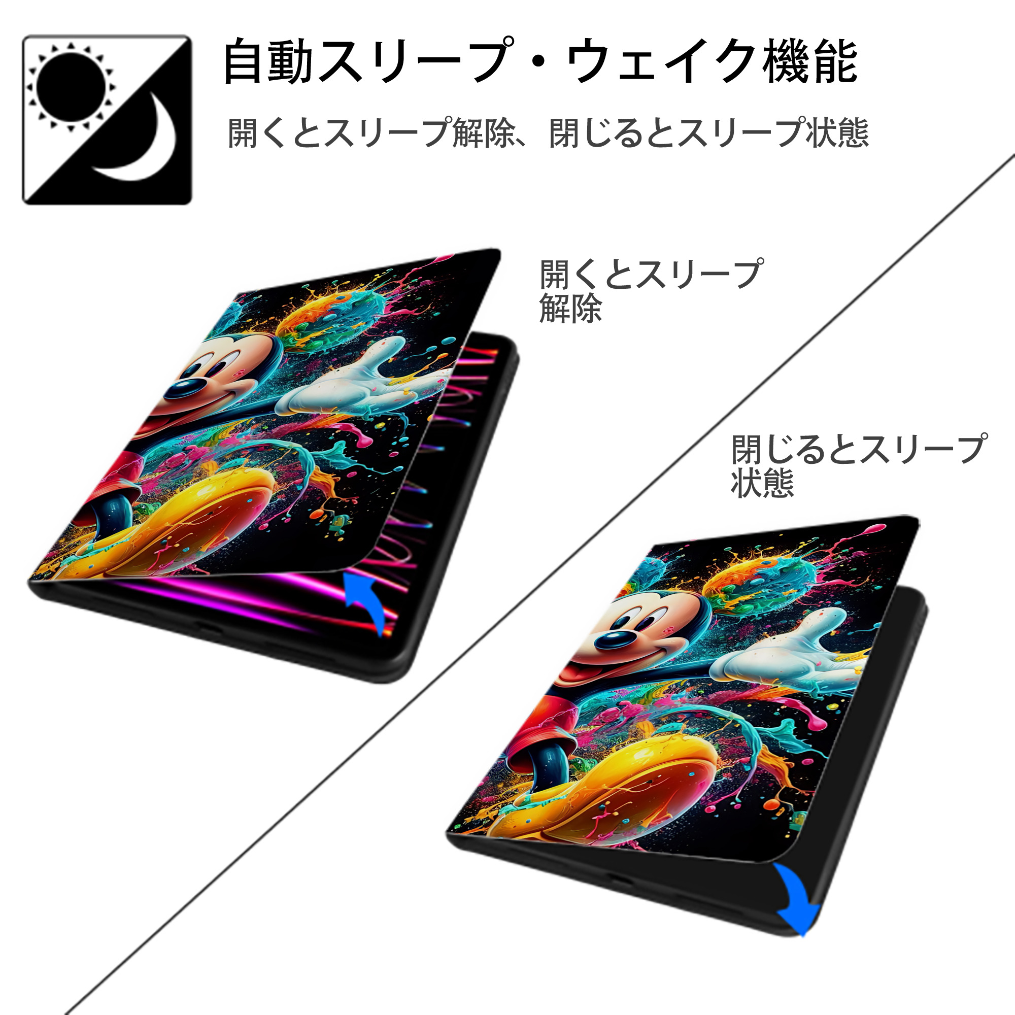 ミッキーマウス Mickey Mouse IPad ケース ブック型 PUレザー TPU 耐衝撃 軽量 薄型 ペン収納なし 全面保護 IPad 各モデル対応