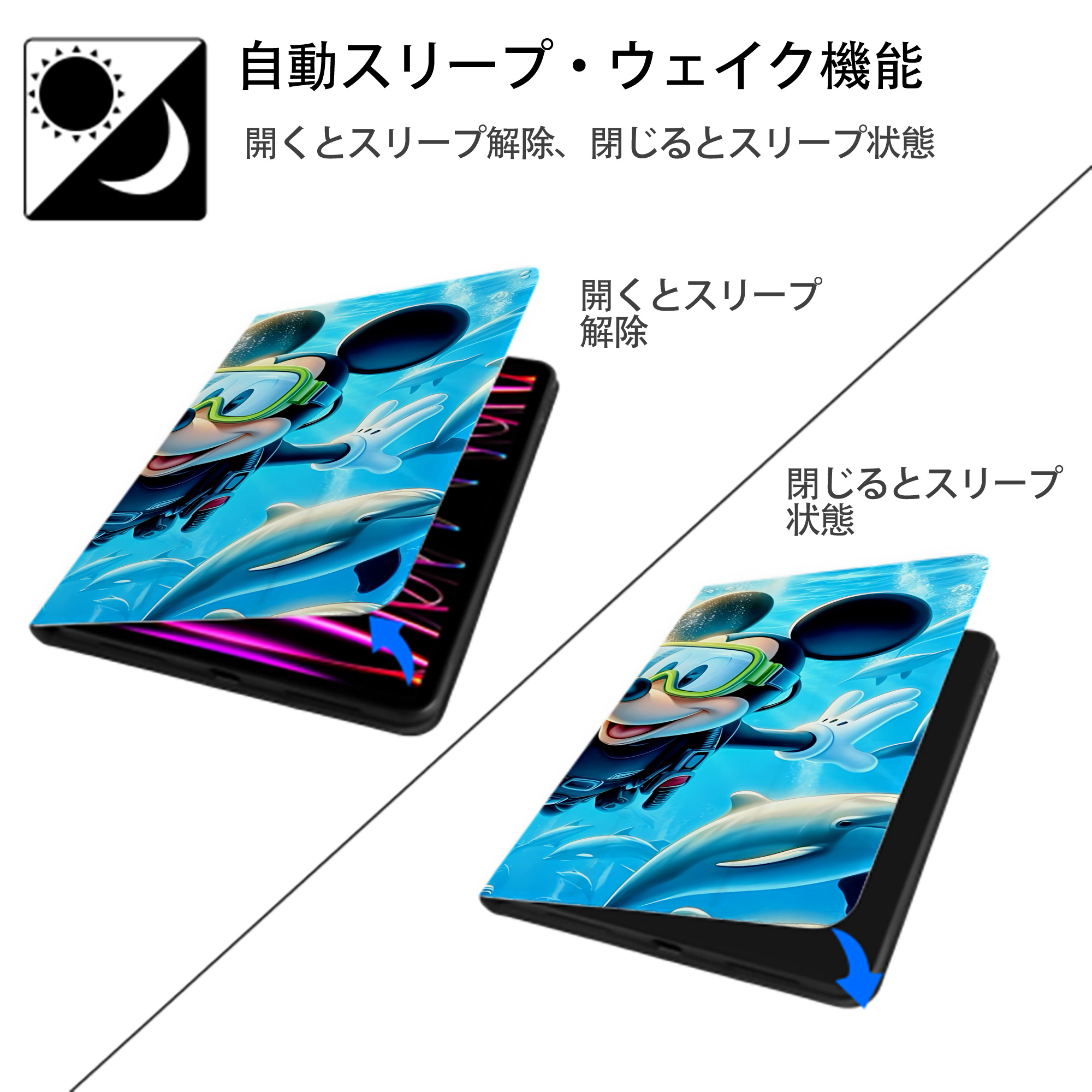ミッキーマウス Mickey Mouse IPad ケース ブック型 PUレザー TPU 耐衝撃 軽量 薄型 ペン収納なし 全面保護 IPad 各モデル対応