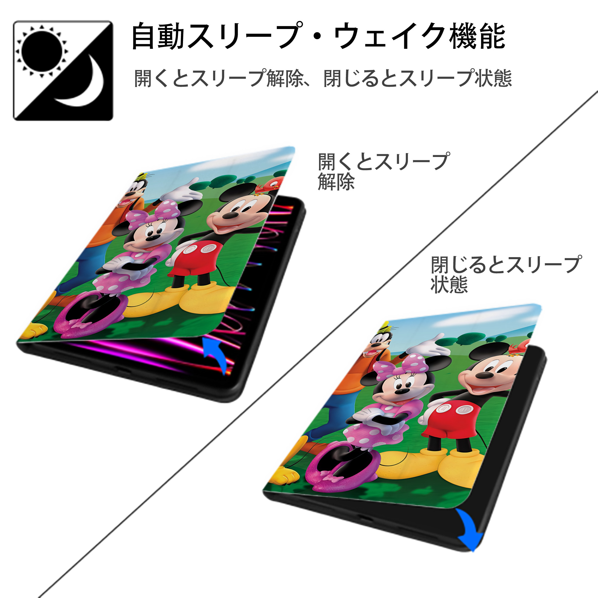 ミッキーマウス Mickey Mouse IPad ケース ブック型 PUレザー TPU 耐衝撃 軽量 薄型 ペン収納なし 全面保護 IPad 各モデル対応