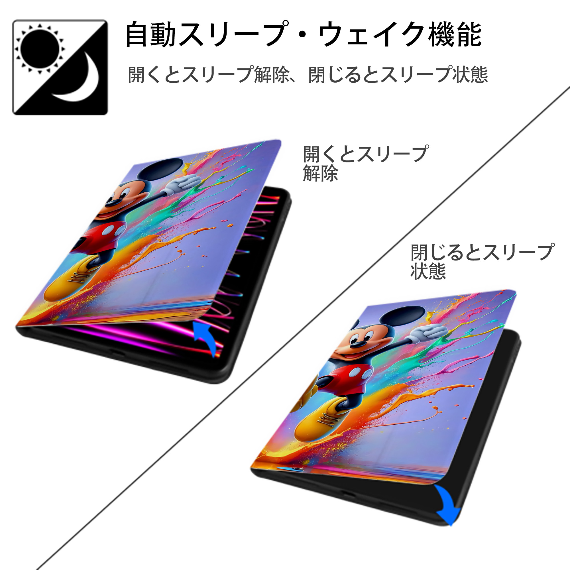 ミッキーマウス Mickey Mouse IPad ケース ブック型 PUレザー TPU 耐衝撃 軽量 薄型 ペン収納なし 全面保護 IPad 各モデル対応