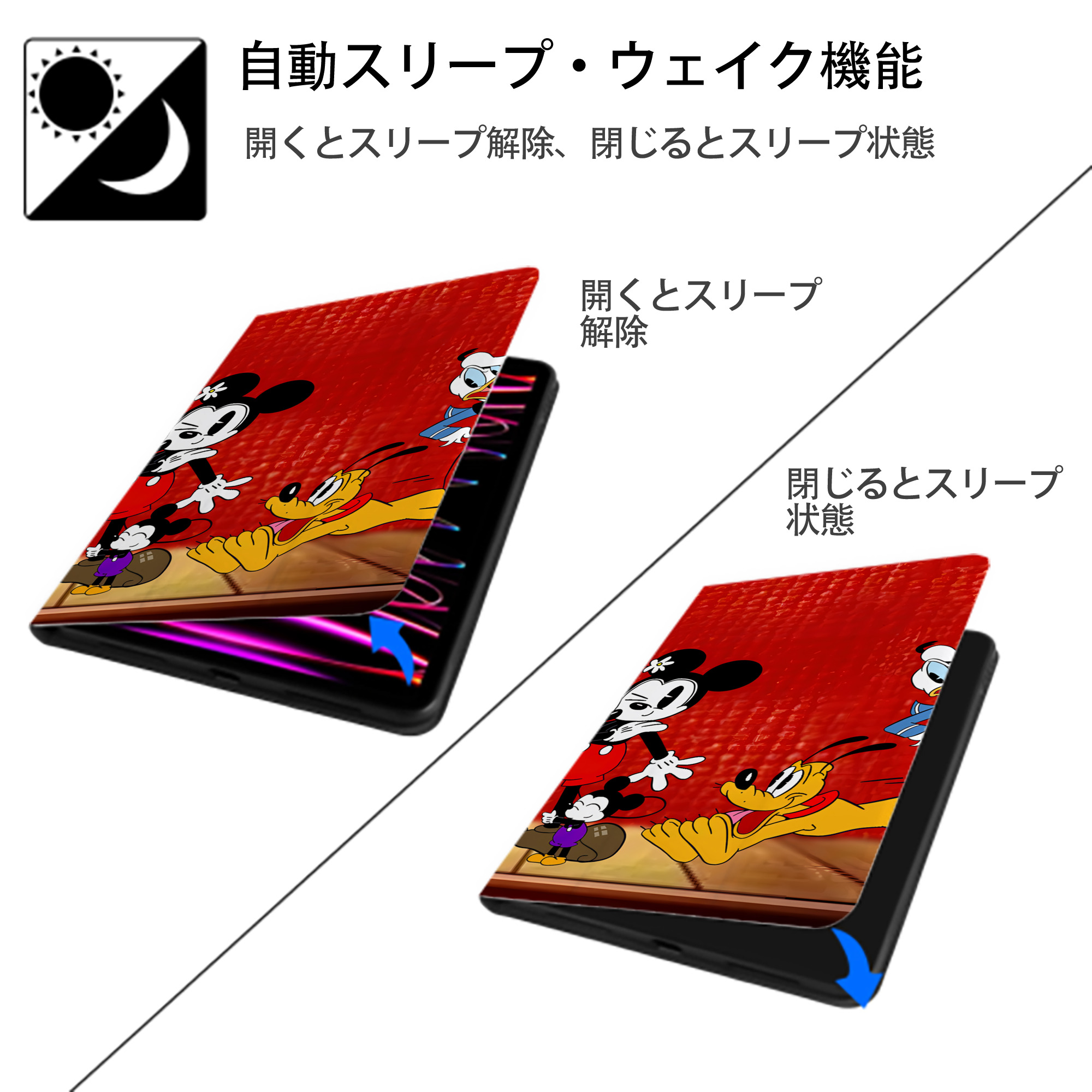 ミッキーマウス Mickey Mouse IPad ケース ブック型 PUレザー TPU 耐衝撃 軽量 薄型 ペン収納なし 全面保護 IPad 各モデル対応