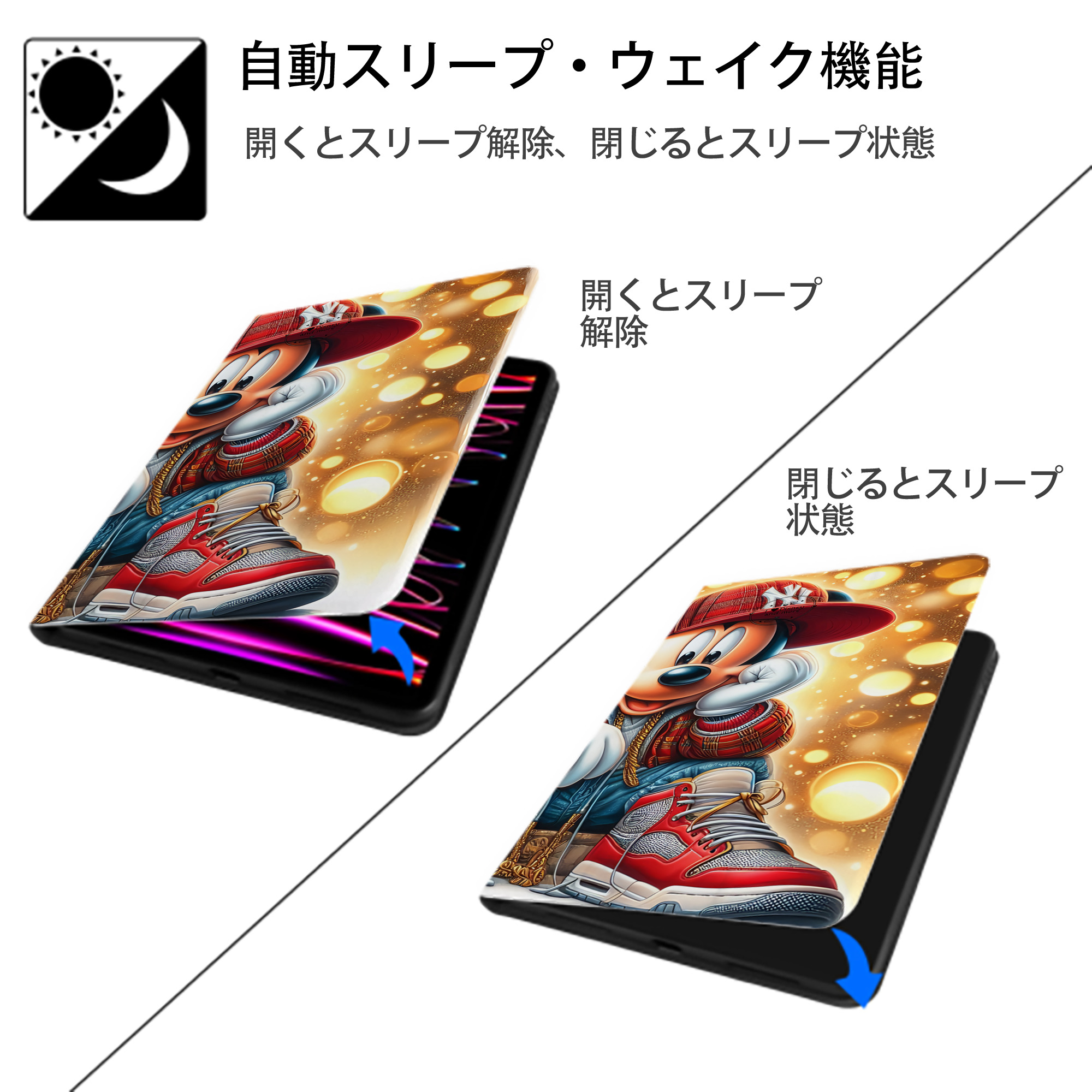 ミッキーマウス Mickey Mouse IPad ケース ブック型 PUレザー TPU 耐衝撃 軽量 薄型 ペン収納なし 全面保護 IPad 各モデル対応