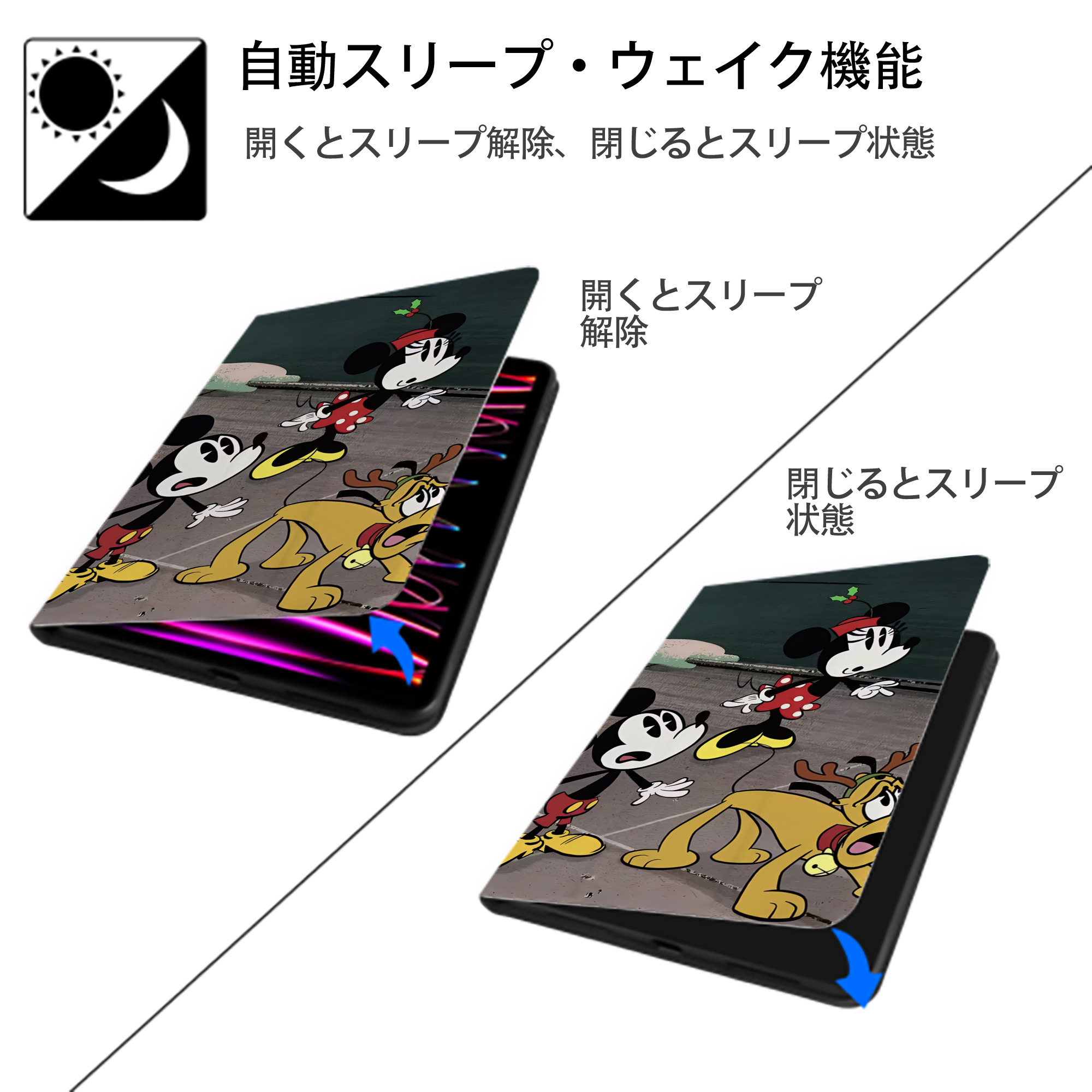 ミッキーマウス Mickey Mouse IPad ケース ブック型 PUレザー TPU 耐衝撃 軽量 薄型 ペン収納なし 全面保護 IPad 各モデル対応