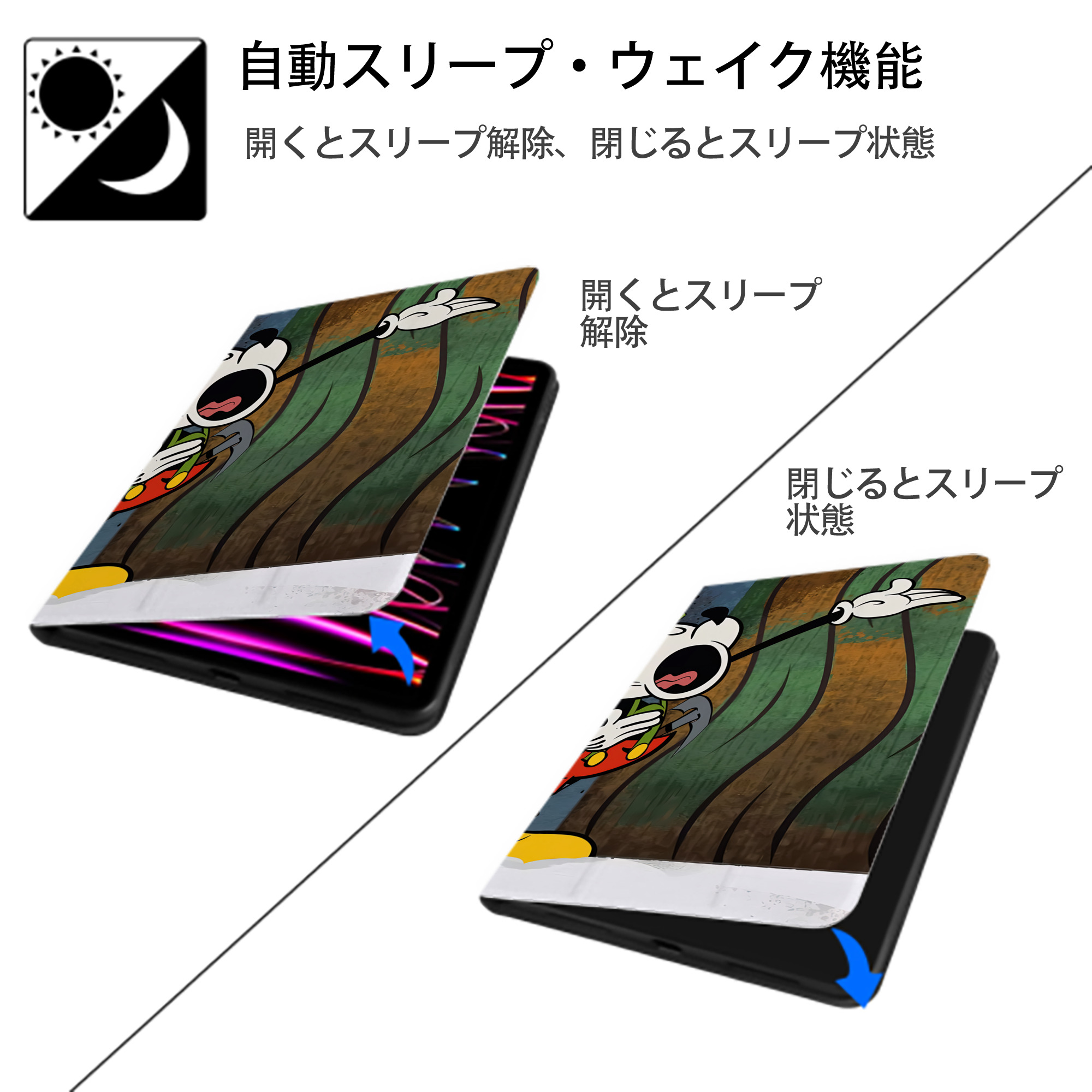 ミッキーマウス Mickey Mouse IPad ケース ブック型 PUレザー TPU 耐衝撃 軽量 薄型 ペン収納なし 全面保護 IPad 各モデル対応