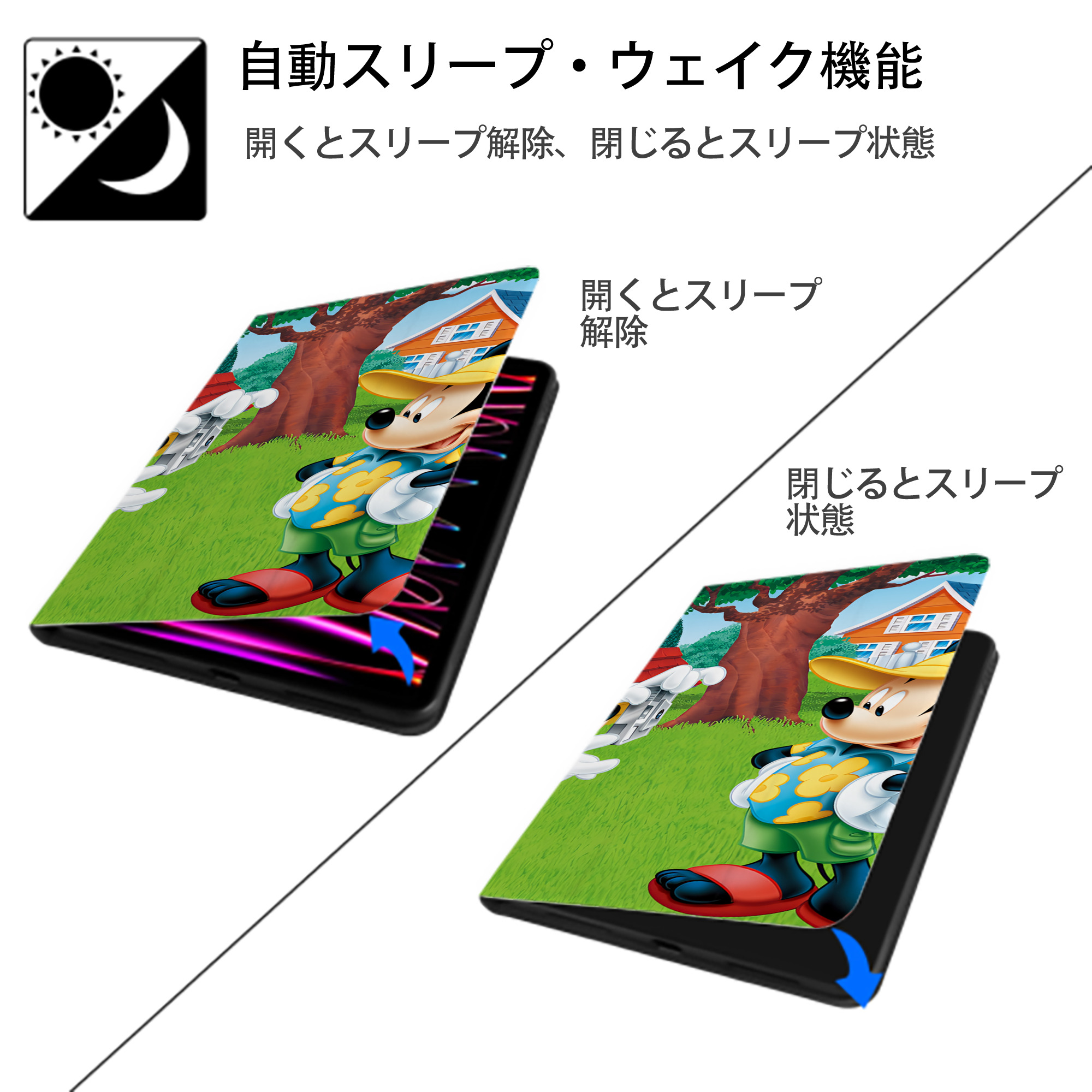 ミッキーマウス Mickey Mouse IPad ケース ブック型 PUレザー TPU 耐衝撃 軽量 薄型 ペン収納なし 全面保護 IPad 各モデル対応
