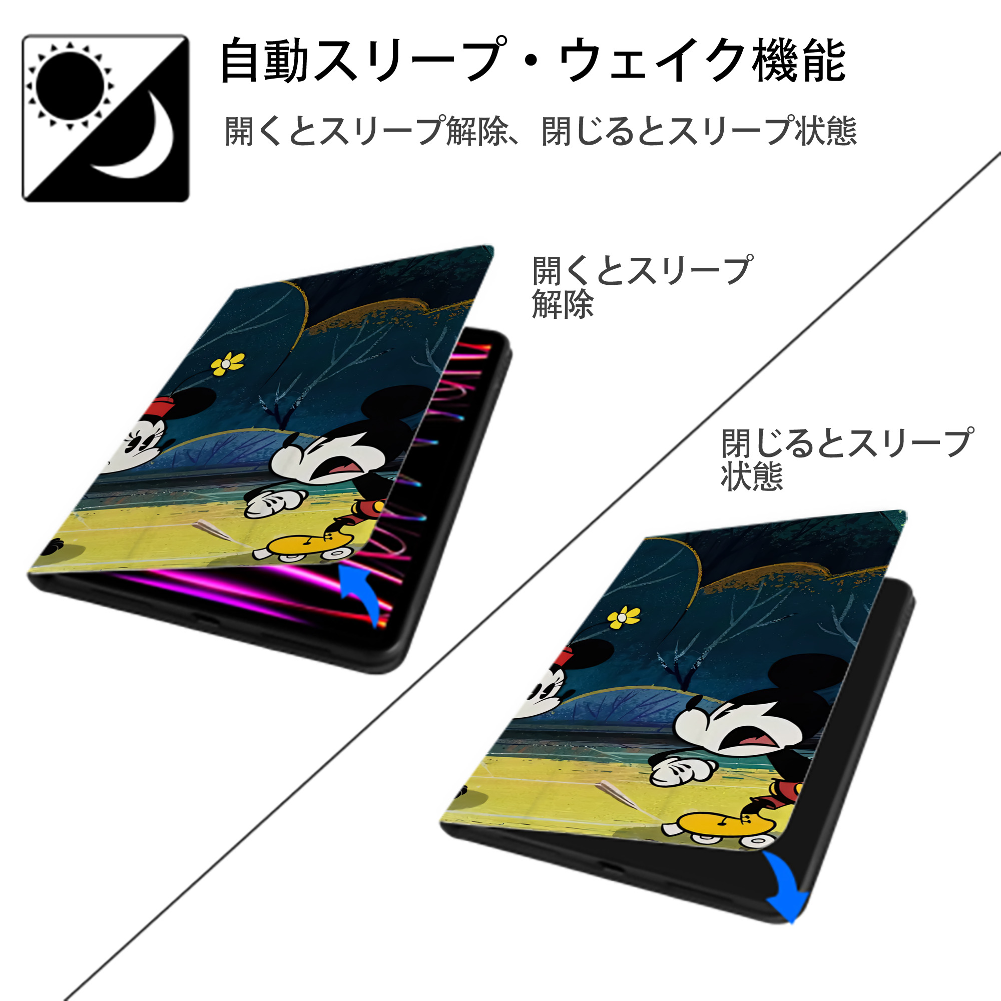 ミッキーマウス Mickey Mouse IPad ケース ブック型 PUレザー TPU 耐衝撃 軽量 薄型 ペン収納なし 全面保護 IPad 各モデル対応