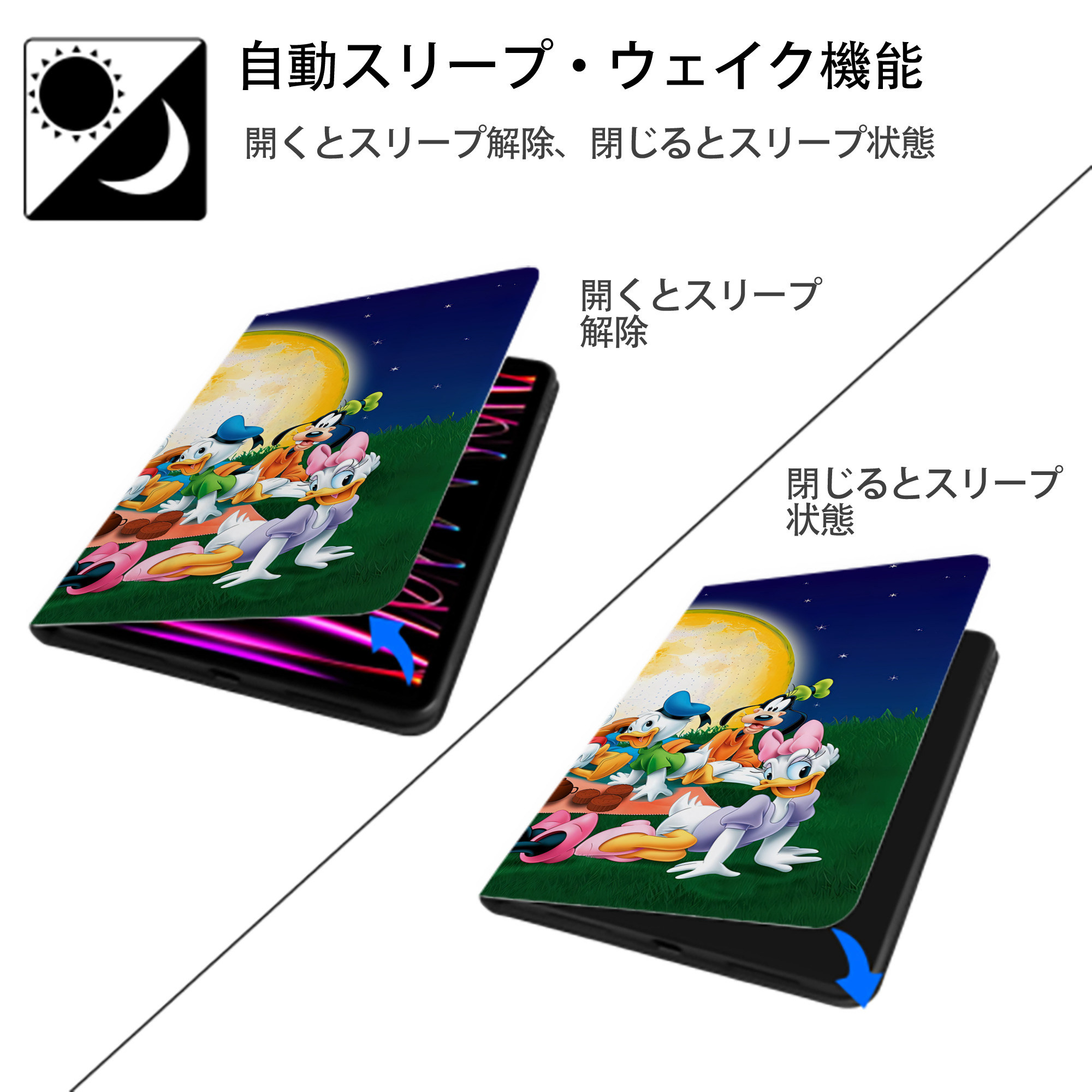 ミッキーマウス Mickey Mouse IPad ケース ブック型 PUレザー TPU 耐衝撃 軽量 薄型 ペン収納なし 全面保護 IPad 各モデル対応