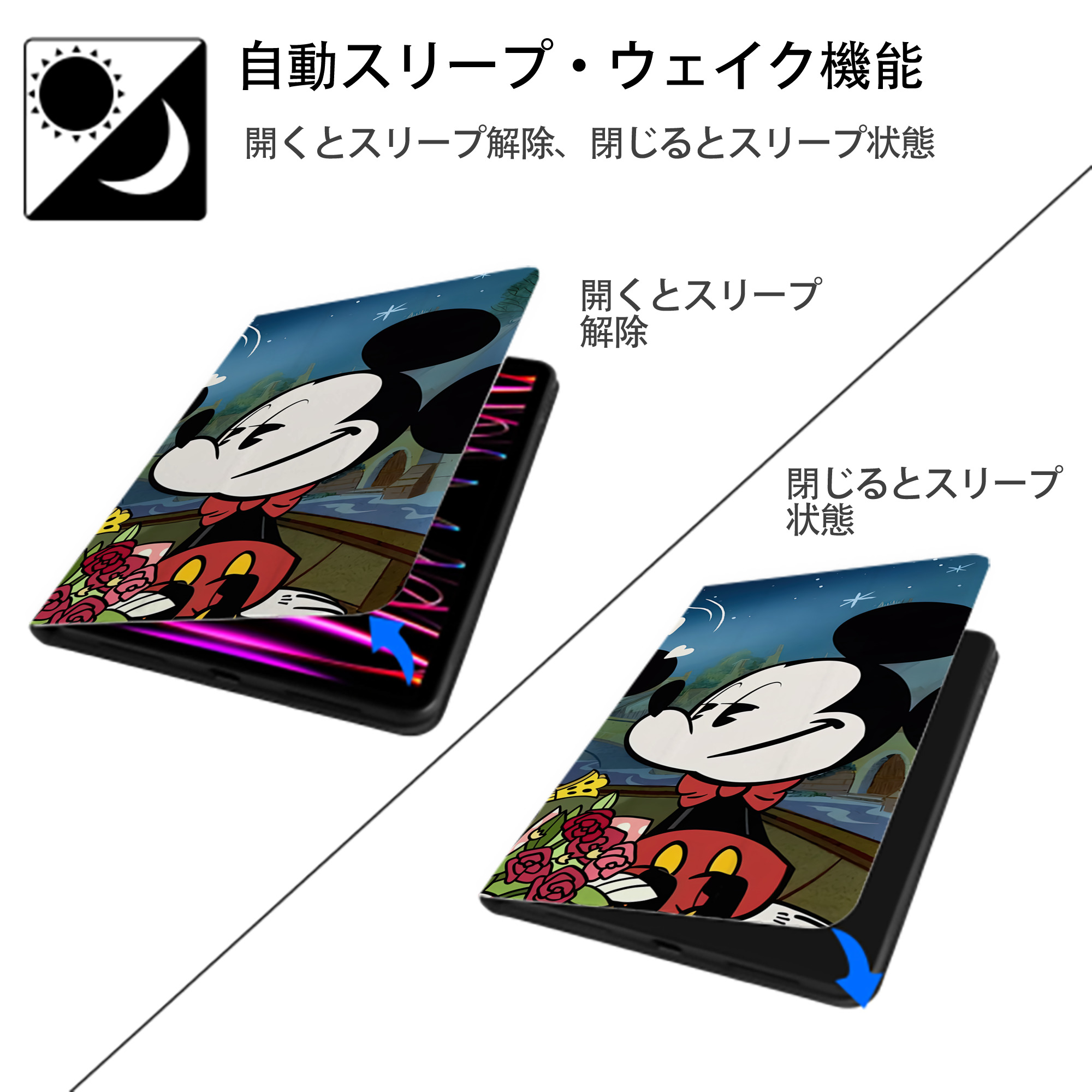 ミッキーマウス Mickey Mouse IPad ケース ブック型 PUレザー TPU 耐衝撃 軽量 薄型 ペン収納なし 全面保護 IPad 各モデル対応