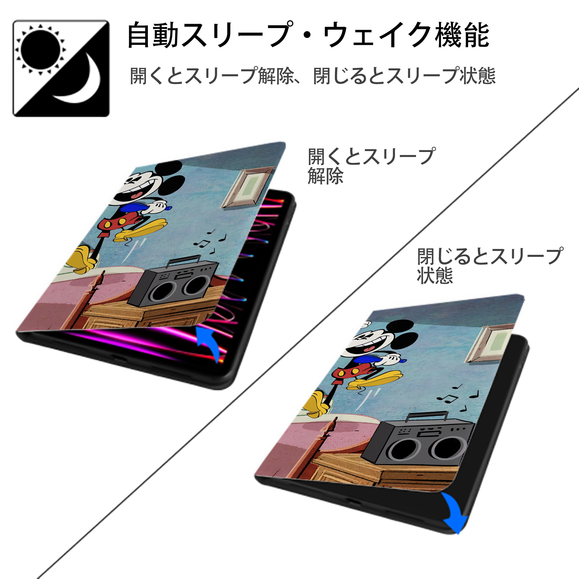 ミッキーマウス Mickey Mouse IPadケース ペンホルダー付き ブックスタイルデザイン