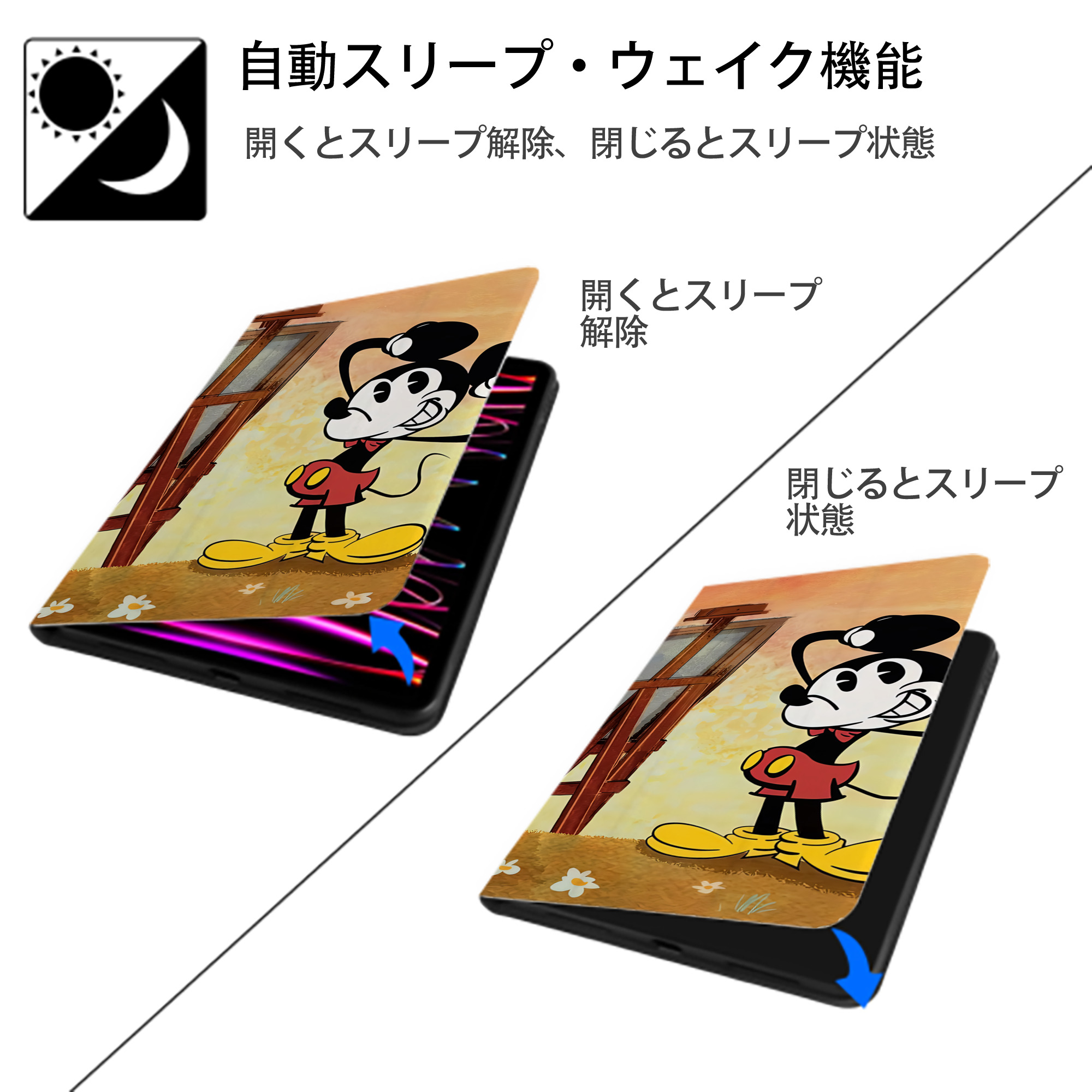 ミッキーマウス Mickey Mouse IPadケース ペンホルダー付き ブックスタイルデザイン