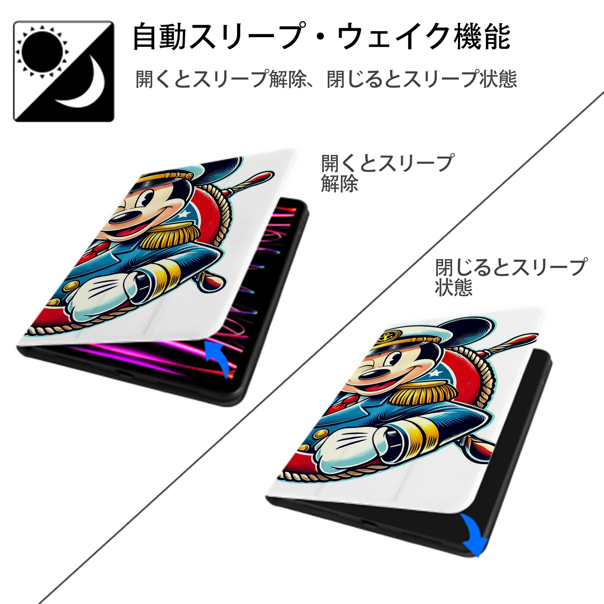 ミッキーマウス Mickey Mouse IPadケース ペンホルダー付き ブックスタイルデザイン