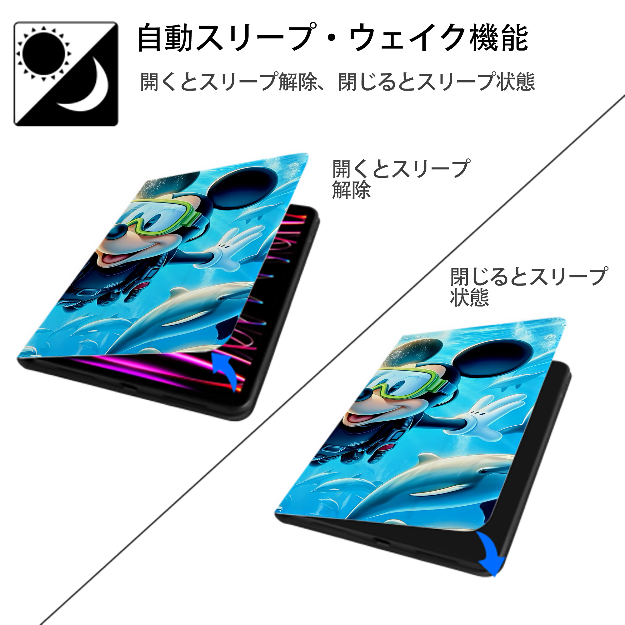 ミッキーマウス Mickey Mouse IPadケース ペンホルダー付き ブックスタイルデザイン
