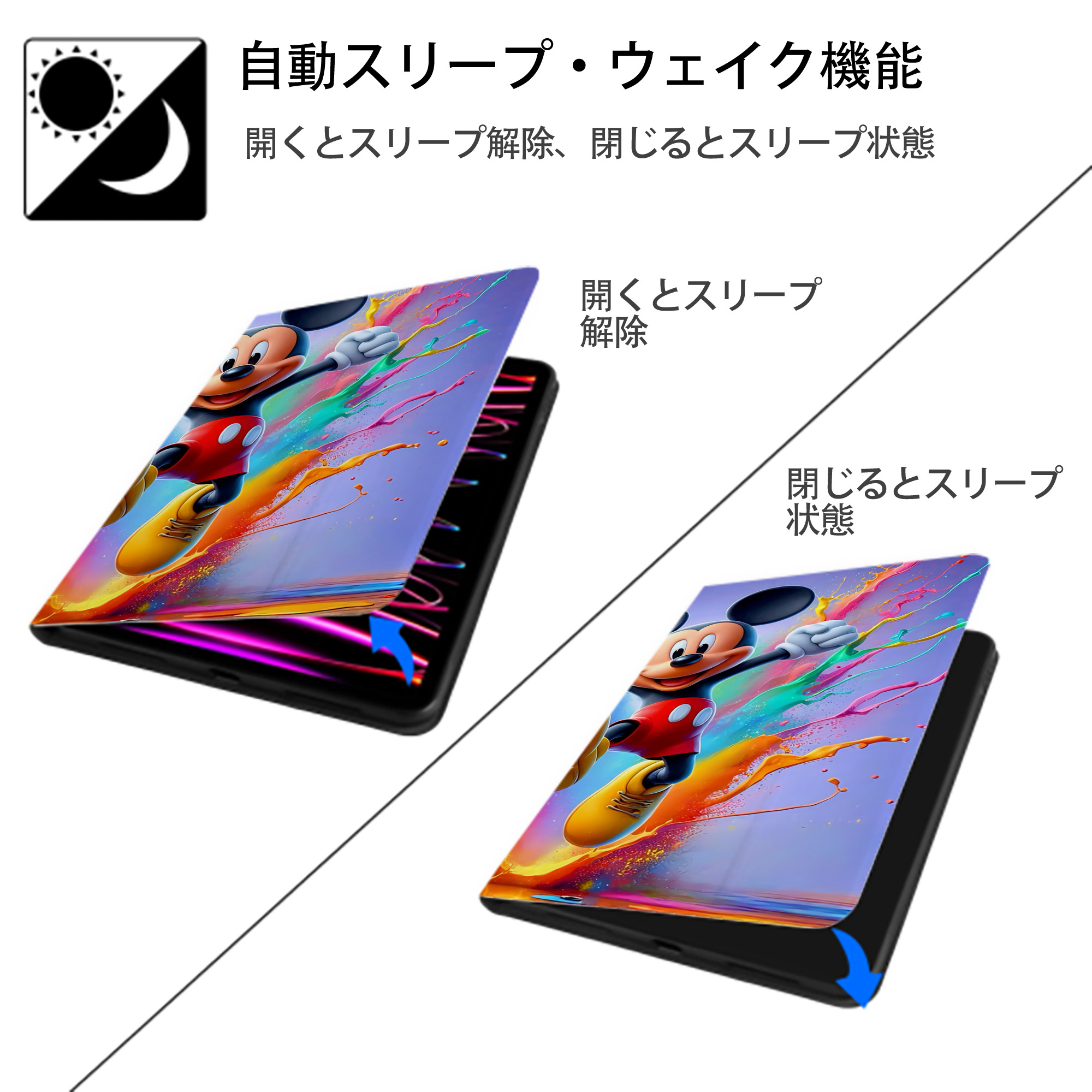 ミッキーマウス Mickey Mouse IPadケース ペンホルダー付き ブックスタイルデザイン